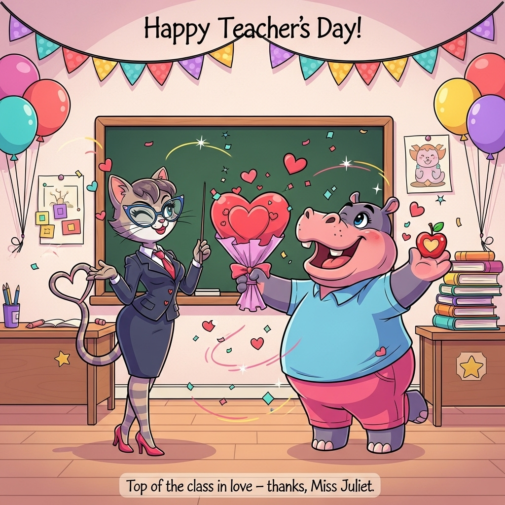 At the top of the Cartoon Style image, Happy Teacher Day!
Full-bleed, portrait scene in playful cartoon style with exaggerated proportions, thick black outlines, and bright saturated colors. In a whimsical classroom, Juliet the anthropomorphic cat-teacher stands by a chalkboard, stylish and flirtatious but tasteful: cat-eye glasses, fitted blazer with heart-shaped buttons, swingy pencil skirt, playful heels; her striped tail curls into a heart and she gives a mischievous wink while holding a heart-tipped pointer. Opposite her, Francis the plump, round hippo (her adoring student-lover) beams with rosy cheeks, big sparkling eyes, and outstretched arms offering a giant heart-shaped bouquet and a shiny red apple with a heart bite. Their poses feel energetic and romantic, with floating hearts, confetti sprinkles, and star-sparkles swirling around them. The classroom decor is festive for Teacher's Day: colorful garlands, balloons, stacks of cute books and a desk with a gold star sticker, chalk dust drifting like tiny hearts; keep background simple so the couple pops. Emphasize tender chemistry - Francis gazes up in awe while Juliet leans in playfully, happy and a little cheeky. Lighting is soft and glowing, with warm highlights and glossy cel-shaded surfaces. Color palette: candy pinks, cherry red, peach, lavender, turquoise, and sunshine yellow; bold graphic shadows, crisp linework.
Place a small, playful caption near the bottom in a handwritten style: "Top of the class in love - thanks, Miss Juliet!"
Generated with these themes: Juliet the cat was a teacher, Francis the fat hippo is Juliet Lover, today is the teacher's day, Francis is a lover and student and wants to thank Juliet for teaching (being) a good lover, Juliet is pretty sexy, and naughty, Hippo Francis Loves her so much , and .
Made with ❤️ by AI.