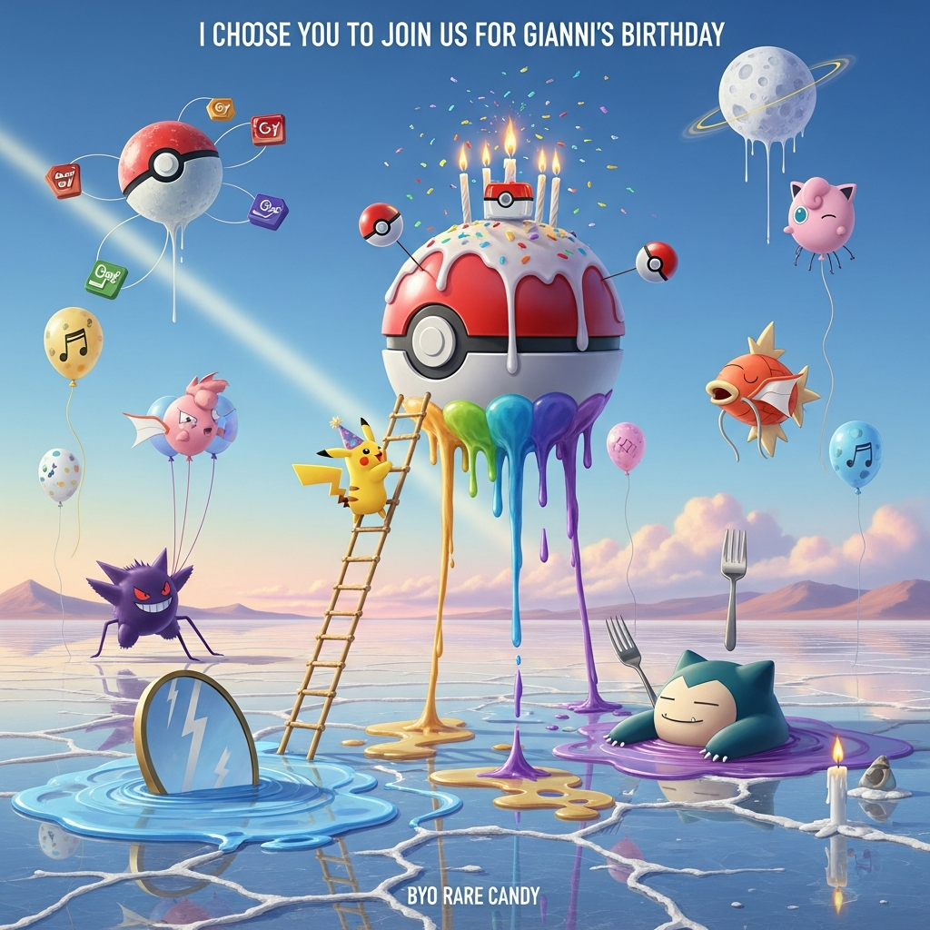 At the top of the Surreal Style image, I choose you to join us for Gianni's birthday

Dreamlike, Dali-inspired surreal birthday landscape on an endless reflective salt flat beneath a cotton-candy twilight sky. In the center, a colossal Poké Ball birthday cake balanced on impossibly long, spindly stilts, glossy rainbow icing melting into little puddles shaped like lightning-bolt tails. Ethereal glow, soft volumetric light beams, long elastic shadows, pastel-neon palette.

Pikachu in a tiny party hat climbs a zigzag lightning-ladder to light a candle shaped like a melting Pokédex; the flame bursts confetti instead of sparks. A dozing Snorlax floats like a parade balloon, tethered by licorice strings to a fork stuck in the cake. A mischievous Gengar grins from a mirror-like puddle, winking; a Magikarp swims through the air like a helium blimp; a Jigglypuff drifts by as a pink balloon with scribbled music notes. Gym Badges orbit like little planets around a dripping Poké Ball moon. Streamers unfurl as long desert shadows; balloons sprout spider-thin legs; candles droop like soft clocks. Painterly texture, high detail, glossy icing highlights, surreal scale shifts, whimsical and funny mood.

At the bottom, small handwritten caption: BYO Rare Candy.
Generated with these themes: Pokemon , and .
Made with ❤️ by AI.