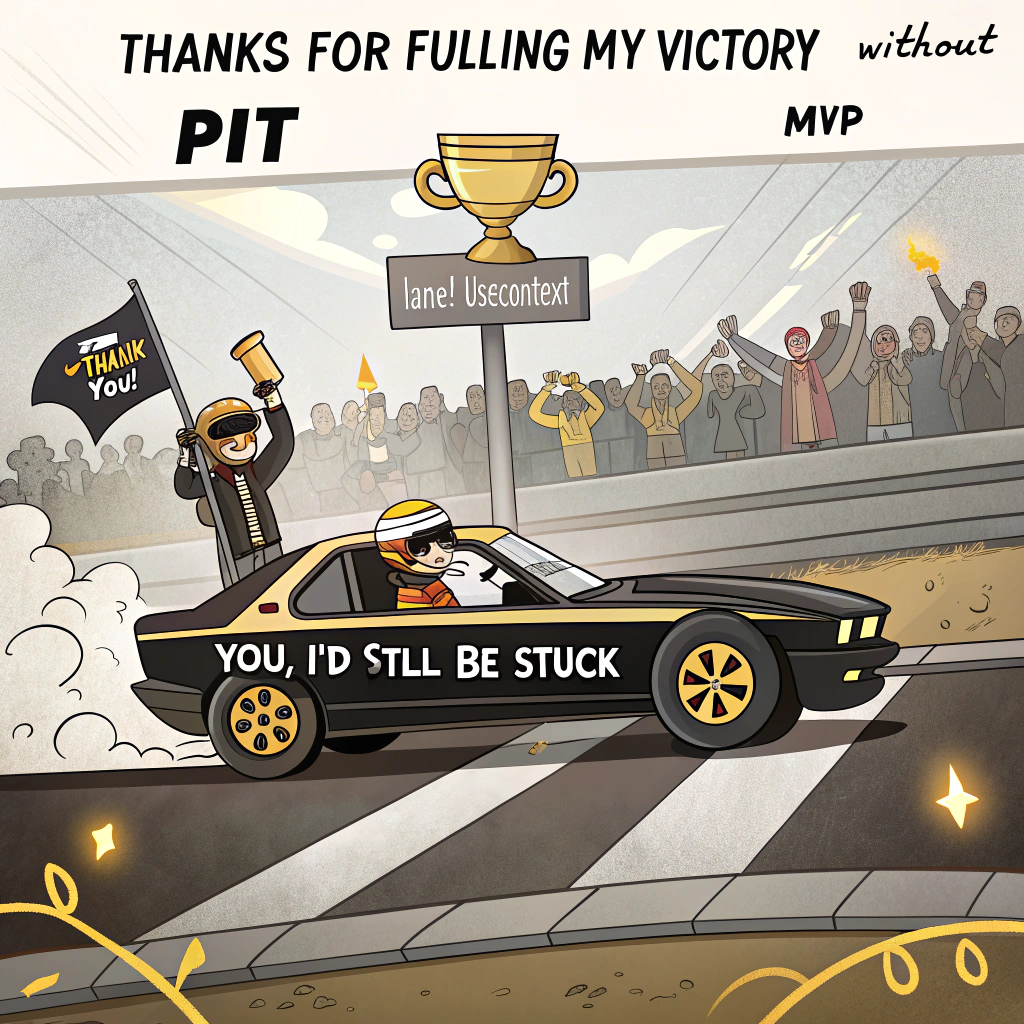 At the top of the image, "Thanks for fueling my victory—without you, I'd still be stuck in the pit lane!"

- In the center of the image, show a black and gold cartoon race car zooming across the finish line with flames shooting from the exhaust, marked proudly with "APEX" on the side.  
- The car driver, a grinning character in oversized shades and a tiny trophy-shaped helmet, waves a "THANK YOU!" flag out the window.
- Behind them, a cheering crowd holds up ridiculous signs like "Pit Crew MVP: You!", “You’re Wheely the Best!”, and “Fueled by Friendship!”  
- In the background, a vibrant sunset explodes in warm oranges and pinks over the track, with fireworks forming a giant smiling thumbs-up in the sky.  
- A racetrack marshal dramatically faints with joy next to a giant “Gratitude Grand Prix – You Took 1st Place!” banner.
Generated with these themes: a black and gold race car from the APEX team wins a F1 grand prix at sunset in front of a cheering crowd.
Made with ❤️ by AI.