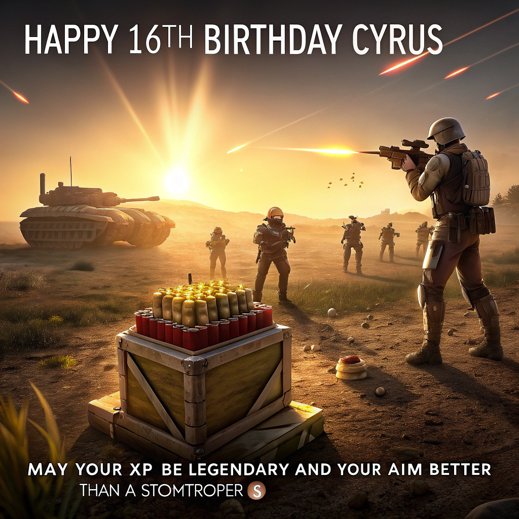 At the top of the Photorealistic picture taken from a camera image, "Happy 16th Birthday Cyrus"

At the bottom of the image, "May your XP be legendary and your aim better than a stormtrooper’s."

Ultra‑high‑definition 4K UHD photograph, true-to-life, funny, cinematic golden-hour lighting with volumetric sunbeams through light battlefield haze, crisp lifelike textures and rich depth of field. A surreal “birthday truce” on a muddy battlefield turned celebration:
- Foreground: an ammo crate used as a cake table, realistic frosting and crumbs, sparklers and one glowing lightsaber‑style candle; a giant glossy red d20 rests beside the cake. Confetti litters the mud, mixing neon colors with earth tones, tiny dust motes sparkling in the light.
- Left: a hulking Warhammer‑style space marine in gothic power armor wearing a tiny paper party hat, shouldering a “confetti bolter” blasting colorful streamers skyward.
- Right: a Star Wars‑style stormtrooper clutching helium balloons (star- and d20‑shaped), visor catching a clean highlight, posture playfully awkward.
- Midground: a Dungeons & Dragons‑style dragon perched on sandbags, also in a cone party hat, puffing a smoke ring shaped like “20”. Nearby, a wizard in robes conjures a floating gift box with shimmering runes.
- Background: a WW2 Sherman tank draped in pastel bunting; a WW1 biplane loops overhead trailing party streamers; a modern “Battlefield”‑style soldier in tactical gear crouches by a gift crate labeled “LOOT,” giving a thumbs‑up.
- No combat, no gore—just a cheerful ceasefire celebration. Colors pop against muted uniforms and metal; reflective highlights on armor, realistic fabric and mud textures, subtle film grain.
- Shot on a full‑frame DSLR, 35mm lens, f/2.8, shallow depth‑of‑field with soft bokeh; sharp focus on cake and characters, background tastefully blurred. Make the headline bold and cinematic at the top, the punchline clean and cheeky at the bottom with a soft drop shadow for readability.
Generated with these themes: Warhammer 40k, Star wars, Dungeons and dragons, World War 1 and 2, Battlefield, and .
Made with ❤️ by AI.