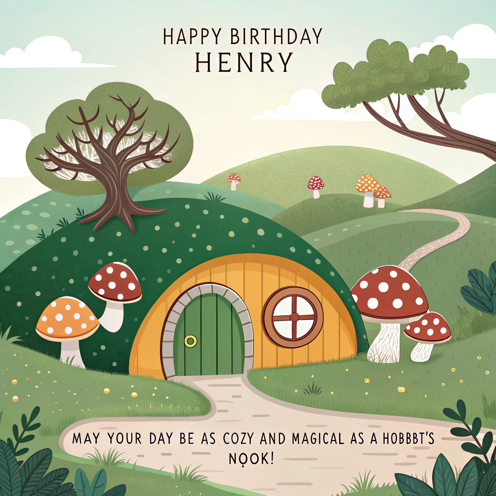 At the top of the image, "Happy Birthday Henry":

   At the bottom of the image, "May your day be as cozy and magical as a hobbit's nook!"

- In the center of the image, create a whimsical scene of a hobbit house nestled in a lush, rolling landscape. The house is small, round, and has a bright green door with a circular window. The house is surrounded by giant mushrooms with polka dots, and surreal twisted trees with branches that form unexpected shapes, creating a dreamlike aura. A gentle, warm light spills out from the windows, adding a touch of ethereal magic to the scene.
Generated with these themes: Hobbit, At hobbit house, and .
Made with ❤️ by AI.