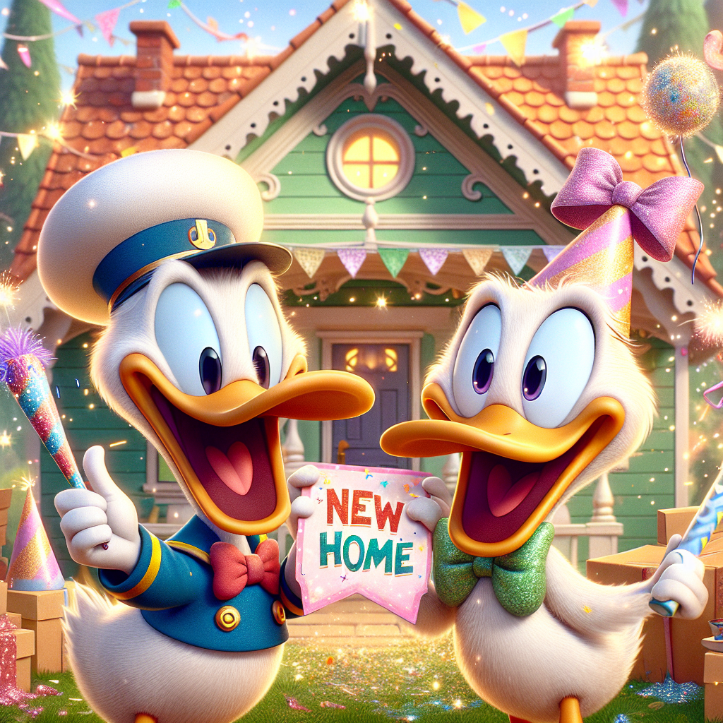 Disney, New Home banner, Donald duck, and Daisy duck Congratulations Card