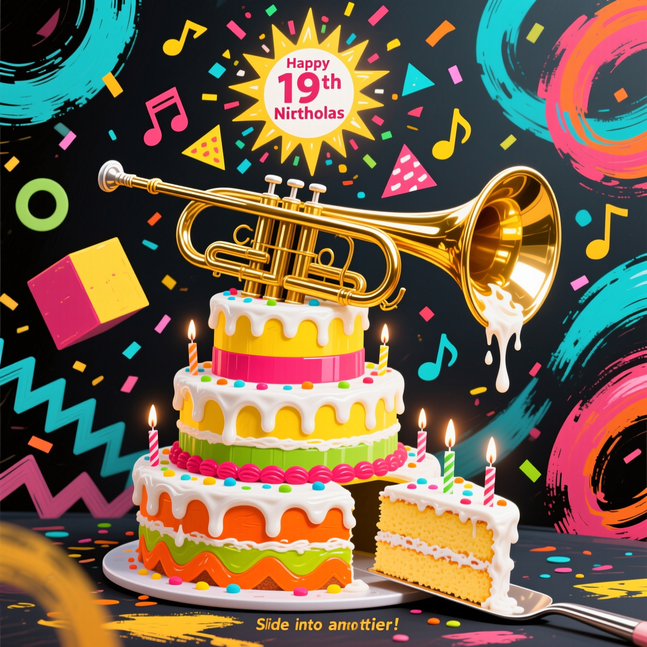 At the top of the Abstract Style image, Happy 19th Birthday Nicholas

Bold, funny abstract scene: a gleaming golden trombone morphs into a multi-tier birthday cake. The slide becomes a glossy ribbon of frosting spiraling around cylindrical tiers, while the bell is a big radiant circle blasting sprinkles, confetti triangles, and musical notes. Geometric blocks and fluid curves collide—circles, zigzags, and swooping arcs—painted with dynamic brush-stroke textures and thick impasto “icing” drips. Palette: deep charcoal backdrop with electric cyan, hot magenta, lemon yellow, tangerine, lime, and metallic gold; crisp white pops for contrast. Playful humor beats: the slide “scoops” a slice, frosting slurps along the slide, candles shaped like tiny eighth notes flicker, and sprinkles bounce like music. Composition brims with diagonal energy and off-center swirl movement—modern, expressive, celebratory.

Small caption near the bottom on a slender paint-swipe: Slide into another tier!
Generated with these themes: Trombone, birthday cake, and .
Made with ❤️ by AI.
