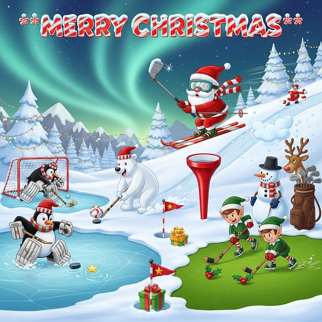 At the top of the Cartoon Style image, "Merry Christmas" in bold candy-cane striped bubble letters with a snow-dusted sparkle.

A big, bright, funny cartoon winter mash-up scene: Santa rockets down a snowy slope on oversized skis, scarf flapping and goggles huge, launching off a giant red golf-tee-shaped jump. Mid-air, he swings a peppermint-striped driver at a jingle-bell “golf ball,” aiming toward a gift-wrapped hole with a festive flag. To the left, a frozen pond rink hosts a goofy ice hockey showdown: a penguin goalie in enormous pads and a polar bear forward with a bendy stick chase a star-shaped puck, both in exaggerated, bouncy poses. To the right, two cheeky elves in tiny cleats play field hockey on a snow-dusted patch of green turf edged with candy-cane lines, stick-handling a holly-berry ball as one elf slides comically on the ice. Nearby, a dapper snowman in argyle readies a putt with a candy-cane putter while a reindeer caddy wobbles under a golf bag stuffed with both clubs and hockey sticks. Snowy pines twinkle with fairy lights, mountains glow under a teal-to-violet sky with swirly aurora, and chunky snowflakes fall like confetti. Style: playful cartoon characters with exaggerated proportions, thick black outlines, bright saturated reds, greens, teals, and golds; energetic, whimsical poses; glossy highlights and soft, simple shading.

At the bottom in a small, fun hand-lettered caption: "Snow, Sticks & Birdies—oh my!"
Generated with these themes: Skiing, Hockey, Field hockey, Golf, and .
Made with ❤️ by AI.