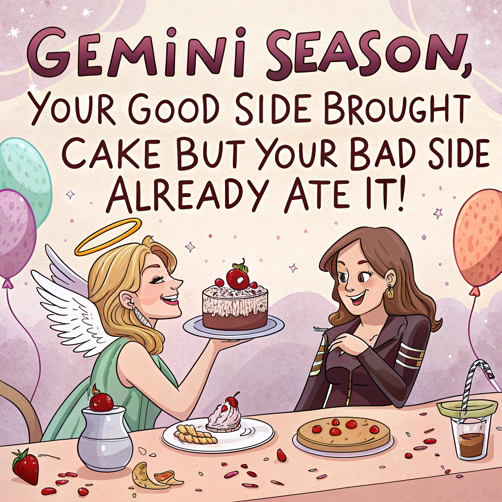 At the top of the image, "Gemini Season, your good side brought cake—but your bad side already ate it!"

- Create a realistic photograph scene showing two identical women (or one woman duplicated via editing), styled slightly differently—one dressed like a glittery angel with a slice of birthday cake and an innocent smile, the other in leather with messy frosting on her lips and a “who, me?” smirk—both seated on either end of a chaotic birthday party table.

- The party table is mid-chaos: balloons half-floating, confetti strewn everywhere, and an obvious “cake incident” at the center where a slice is suspiciously missing.

- Behind them, a festive “Happy Birthday” banner droops lopsided, with party hats and noisemakers abandoned as if the Gemini twins had a disagreement mid-celebration. 

- Lighting is warm and fun, with cheeky tension captured in the twins' exaggerated expressions—pure angelic delight on one, full birthday rebellion on the other.
Generated with these themes: Gemini, and Bad vs good.
Made with ❤️ by AI.