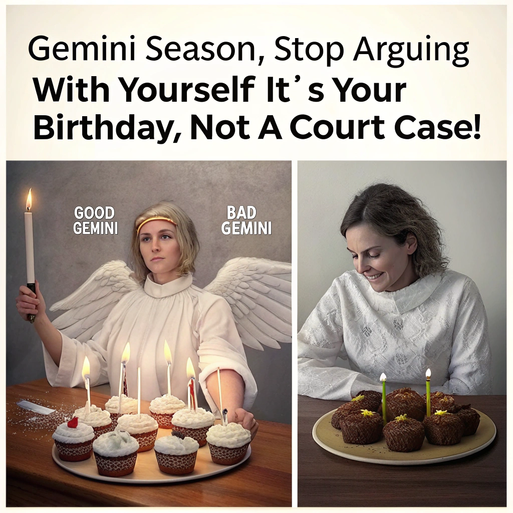 At the top of the image, "Gemini season, stop arguing with yourself — it’s your birthday, not a court case!"

– Create a realistic photographic image featuring a humorous split-screen scene:

- On the left side: “Good Gemini” – a version of the same person dressed in white, angelic clothing, sitting calmly at a kitchen table, neatly arranging birthday cupcakes with a serene smile. They’re lighting candles one by one, gently humming “Happy Birthday.”
- On the right side: “Bad Gemini” – same person, now dressed in leather, chaotic hair, gleefully throwing confetti into a fan while sipping wine directly from the bottle. The cake has one big bite missing, and they're unapologetically pointing to it.

– Background is a birthday-decorated kitchen clearly showing the contrast: one side pristine and organized, the other side chaotic with party debris.

– Lighting is slightly softer and golden on the “good” side, and wild and colorful with flashing disco lights on the “bad” side. A visible “Happy Birthday” banner runs crookedly from the good to bad side.

– Tone: Chaotic, fun, and cheeky — a celebration of that dual Gemini nature.
Generated with these themes: Gemini, and Bad vs good.
Made with ❤️ by AI.
