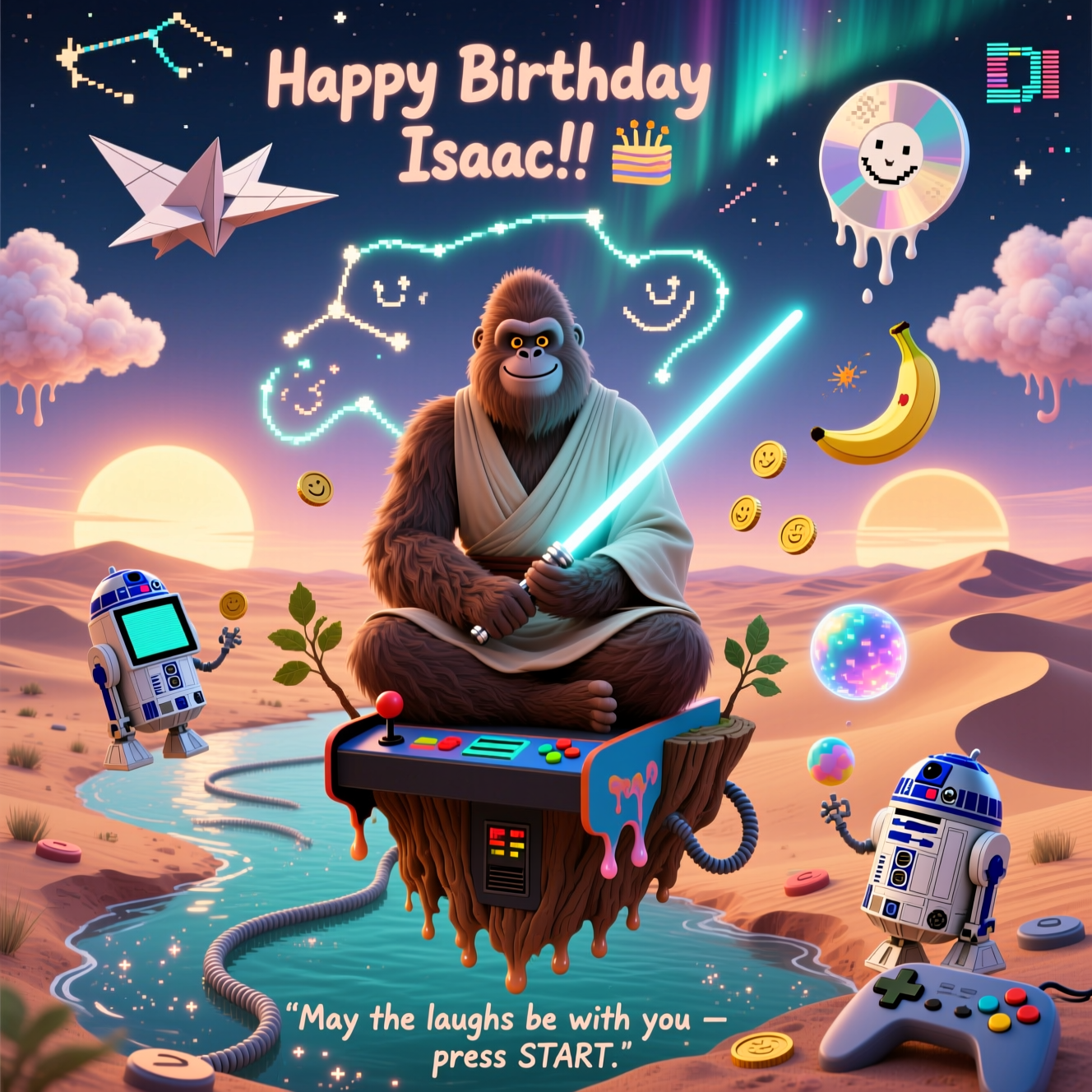 At the top of the Surreal Style image, Happy Birthday Isaac!!! 🥳🎂

Dali‑inspired, dreamlike surrealism with melting shapes and ethereal lighting: a tranquil, Tatooine‑like twilight desert where twin suns slowly soften and drip into a river of stardust shaped like coiled controller cables. Center stage, a gentle, sincere Bigfoot with kind eyes and a soft smile sits cross‑legged on a levitating arcade cabinet that morphs into a tree stump—joysticks sprouting tiny leaves. He wears a simple Jedi‑style robe. In his hands, a calming lightsaber whose hilt melts into a retro gamepad; the blade unfurls as luminous ribbons drawing constellation‑smiles and whimsical spirals in the air. Around him float friendly, comedian droids—R2‑like tins fused with 8‑bit screens—pantomiming jokes without words: juggling holographic game coins, projecting banana‑peel comets, and popping whoopee‑cushion nebulae, sending out soft, concentric rings of light like laughter. Above, origami‑paper X‑wings glide through cotton‑candy clouds; a distant, gently smiling moon resembles a melting game disc. Pixelated constellations and CRT‑scanline auroras thread the sky, while dunes subtly warp into controller‑button topography. The whole scene glows with warm rose‑gold, indigo, and teal; long, tender shadows, painterly textures, soft bokeh stars—a heartfelt, serene mood.

Small, hand‑lettered caption near the bottom center: “May the laughs be with you — press START.”
Generated with these themes: Star Wars, Bigfoot, video gaming, telling jokes, and .
Made with ❤️ by AI.