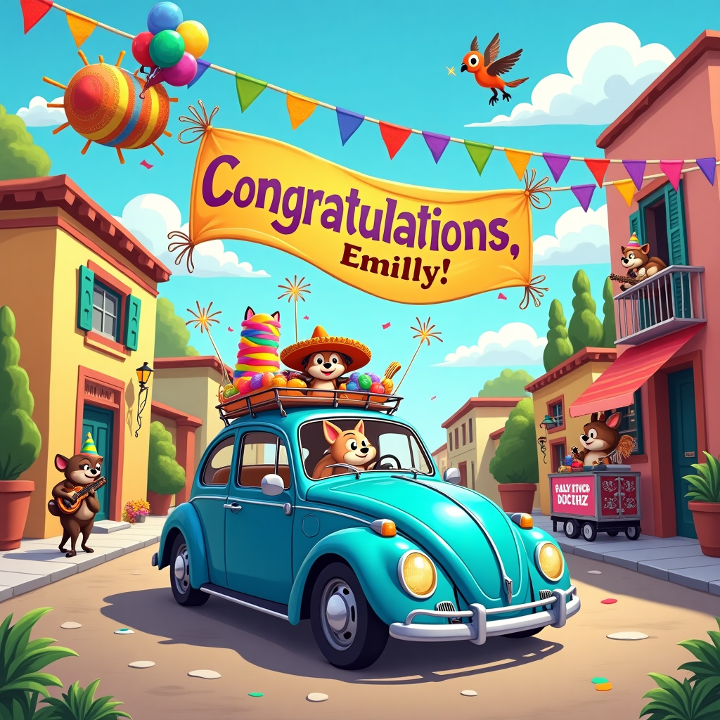 In this vibrant and whimsical cartoon scene, set against a backdrop of a lively fiesta, we find ourselves in a colorful street bustling with celebration. Picture a classic blue Volkswagen Beetle, with its roof down, parked in the center. The car is joyfully overloaded with party items: a rainbow-colored piñata perched on the roof, a bunch of multicolored balloons tied to the side mirrors, and streamers in every shade of the spectrum cascading from the antenna. Inside the car, there's a jovial cartoonish chihuahua wearing a tiny sombrero, gleefully holding the wheel. 

Above the car, suspended across the street, is a large festive banner that reads "Congratulations, Emily!" in vibrant, bold letters. The letters themselves are filled with tiny illustrations of confetti and mini fireworks. Nearby, a mariachi band of anthropomorphic animals—a raccoon with a trumpet, a fox with a guitar, and a turtle playing the maracas—serenades Emily with their lively tunes. The street is lined with quaint little houses painted in pastel colors, their windows adorned with pots of bright flowers.

In the sky, fluffy clouds drift lazily, and one particularly playful cloud takes the shape of a thumbs-up, as if nature itself is joining in the celebration. Overhead, a parrot flies by, carrying a small banner trailing from its beak with the words "Well Done, Emily!" fluttering in the breeze. All around, the scene is dotted with playful details like a street vendor cart selling churros, and kids chasing each other with sparklers in hand. This is a scene full of joy and whimsy, celebrating Emily's achievement in a uniquely festive and animated way.
Generated with these themes: Blue fiesta driving .
Made with ❤️ by AI.