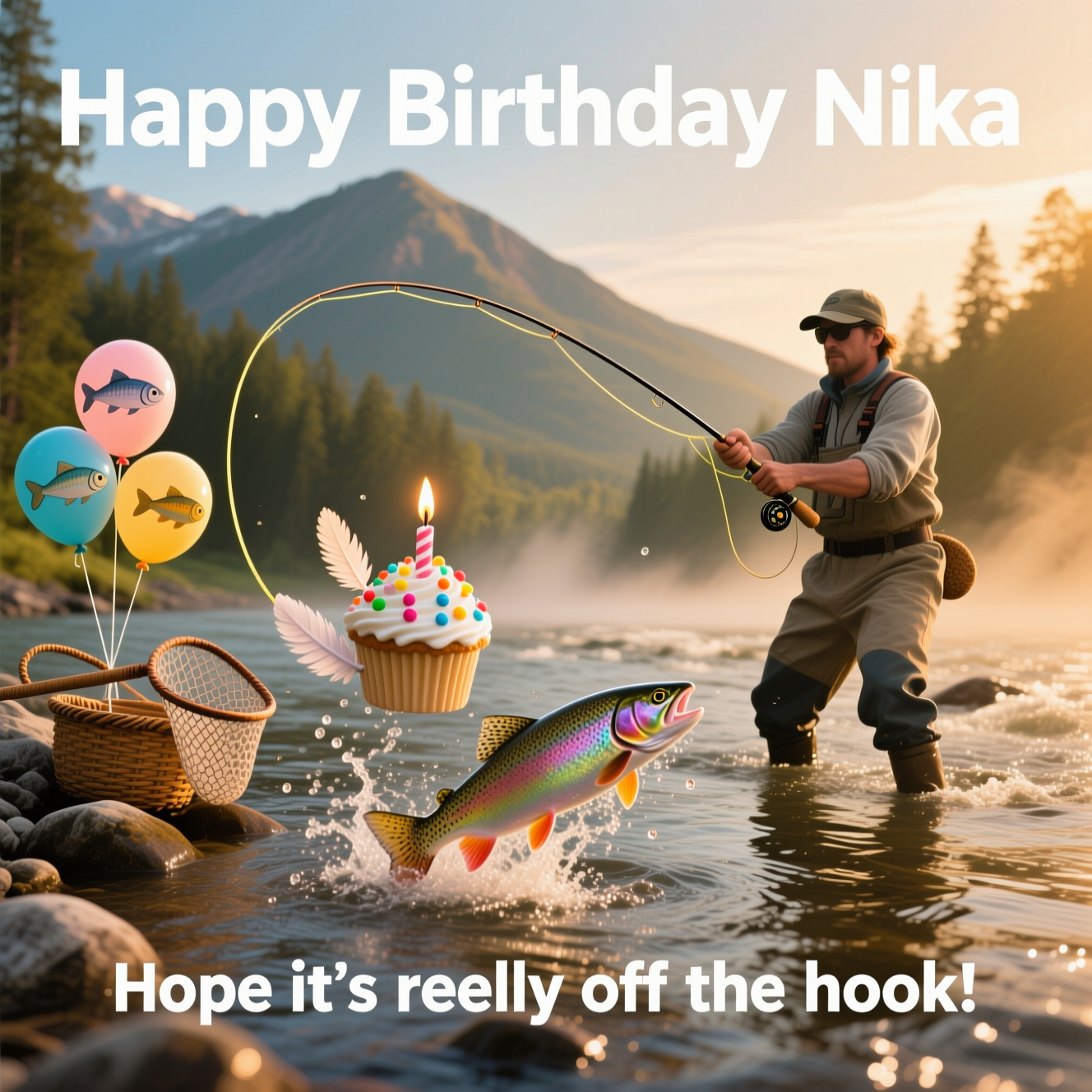 At the top of the Photorealistic picture taken from a camera image, "Happy Birthday Niika"

At the bottom of the Photorealistic picture taken from a camera image, "Hope it's reely off the hook!"

Ultra-high-definition 4K UHD photorealistic scene at golden hour on a clear mountain river: an angler in chest waders mid-stream, mid-cast, with a luminous S-curve of fly line arcing through warm backlight. The tippet carries a novelty “cupcake fly” (tiny frosting swirl, colorful sprinkles, a little feather like a candle flame) skimming the surface. A rainbow trout breaches toward it, water droplets frozen midair and sparkling, scales iridescent. On the rocky bank, a landing net leans beside a creel with a few fish-shaped helium balloons gently tugging their strings—subtle birthday vibe. True-to-life textures: wet neoprene, cork grip, braided fly line, ripples and foam, mist above the water; rich depth of field with creamy forest bokeh behind, crisp focus on the cast and the leaping trout. Natural color grading, high dynamic range, accurate lighting, no motion blur. Leave generous negative space in the sky/river gradient for text placement. Text styling: bold white sans-serif headline at the top with a soft drop shadow for legibility; playful smaller white punchline at the bottom, centered. Shot on a full-frame camera, 85mm lens, f/2.8, ISO 200, 1/1000s.
Generated with these themes: Fly fishing, and .
Made with ❤️ by AI.