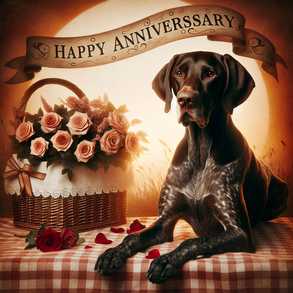 Produce an image of a sentimental anniversary scene. In the centerpiece, there should be a robust German Shorthaired Pointer with a gleaming brown coat. This canine is portrayed with a tender expression in its soft brown eyes. Beside the dog is a picnic basket sitting on a checkered blanket, an array of roses scattered about adding to this romantic setting. A banner, looped and draped captures your attention, with the words 'Happy Anniversary' carefully inscribed. The dog's silhouette is accented by the backdrop of a romantic sunset, generating an atmosphere of unity and joy.
.
Made with ❤️ by AI.