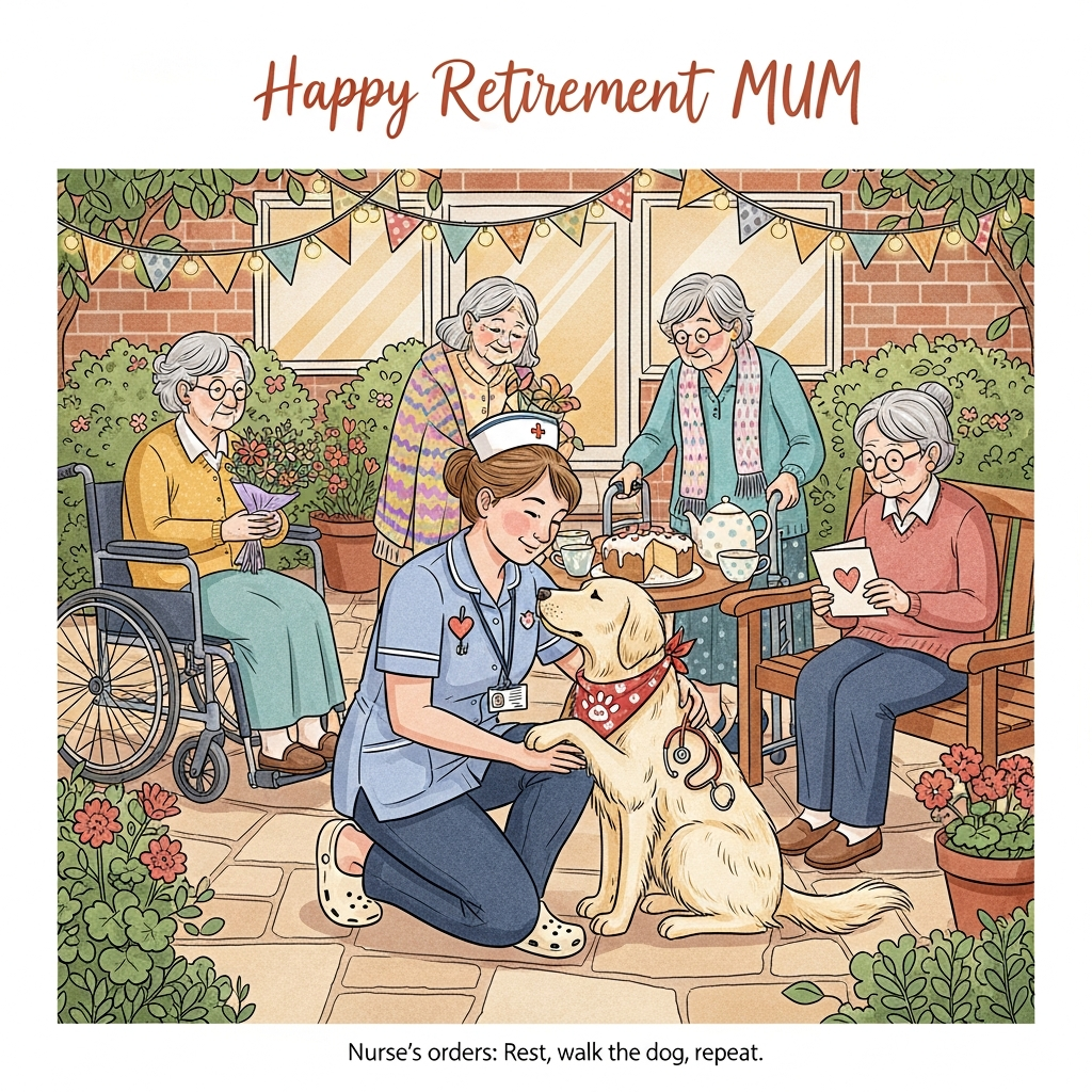 At the top of the Illustration Style image, "Happy Retirement MUM" in warm, hand-lettered script, softly arched

Hand-drawn illustration with fine linework, textured brush strokes, a balanced composition, and a warm, expressive color palette. Scene: A golden-hour care home courtyard. In the center, a kind, motherly care worker in a classic navy nurse uniform with white piping and comfy clogs kneels to hug a gentle golden retriever wearing a red bandana with a small heart-paw motif. Her ID lanyard glints softly; a small enamel heart pin is on her chest. Around her, three elderly residents radiate affection: one in a wheelchair offering a small bouquet of garden flowers; one with a walker draping a pastel, hand-knitted scarf over her shoulders; one seated on a wooden bench holding a handmade card with a simple heart drawing. Soft string lights and muted bunting hang between blooming shrubs and potted geraniums; a small table holds a teapot, cups, and a sponge cake with a subtle stethoscope swirl in the icing. Expressions are tender and grateful; the dog’s paw rests on her knee, tail softly wagging. Warm sunlight pools across flagstones; leaves cast delicate shadows. Color palette: honey gold, dusty teal, soft blush, terracotta, and warm cream. Paper grain visible; varied line weights; gentle watercolor/gouache washes; subtle vignette to keep focus on the figures. Keep the mood sincere, celebratory, and heartfelt; avoid extra text or logos.

Small caption text at the bottom, understated and friendly: "Nurse's orders: Rest, walk the dog, repeat."
Generated with these themes: Care worker, Retiring, Old people, Dog, Nurse uniform, and .
Made with ❤️ by AI.