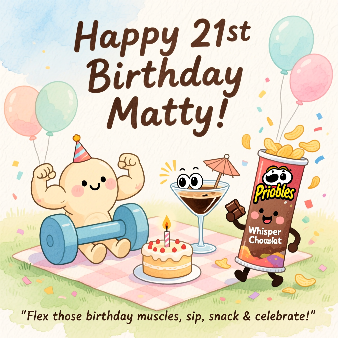 At the top of the Watercolor Style image, write in playful brush lettering: **Happy 21st Birthday Matty**  

A cute, whimsical watercolor scene: A cheerful cartoon-style dumbbell character flexing tiny biceps, sitting on a soft pastel picnic blanket. Next to it, a smiling espresso martini glass with big shiny eyes and a little cocktail umbrella, clinking glasses with an adorable cup-shaped "Whisper Chocolat" character holding a bite of chocolate. Nearby, a tube of Pringles painted as a happy character spilling out crisps that dance around like confetti. Gentle pastel balloons float in the background, and a small birthday cake with a single candle sits at the center. The whole image is painted in soft watercolor washes with airy gradients, light pigment blooms, and textured paper feel, creating a cute and celebratory mood.  

At the bottom in smaller whimsical text: *"Flex those birthday muscles, sip, snack & celebrate!"*
Generated with these themes: Body building , Expreso Martini , Whisper Chocolat , Pringles crisps, and .
Made with ❤️ by AI.