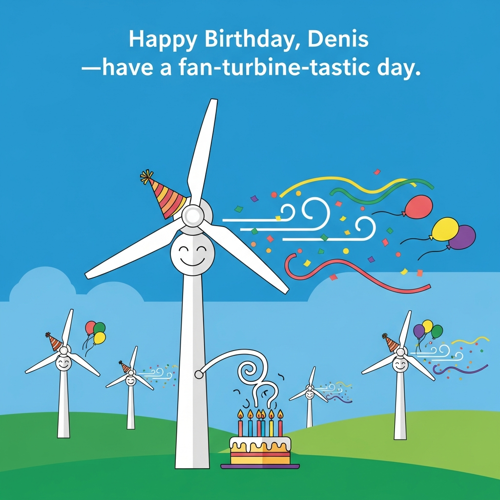 At the top of the Vector Style image, Happy Birthday, Denis—have a fan-turbine-tastic day!

Clean flat-vector scene: a cheerful wind farm on rolling green hills beneath a bold blue sky. Center-stage, a tall white wind turbine with a simple smiley face on its tower and a bright party hat perched on the nacelle. The spinning blades fling confetti and curved streamers in playful wind swirls; a few balloons tug outward in the breeze. At the base, a birthday cake’s candles bend comically as the gusts try to blow them out, tiny flames curling into spirals. Smaller turbines recede into the background, each with mini party hats and a couple of balloons.

Style and palette: crisp lines, solid color blocks, minimal gradients, clean geometry, modern graphic design precision. Bright, punchy colors—sky blue, fresh green, white, coral, lemon yellow, and violet accents. Flat lighting, no textures, no grain, no photorealism.

Composition: large central image with roomy sky for the headline; no additional text; humorous, lighthearted mood.
Generated with these themes: Wind turbines , and .
Made with ❤️ by AI.