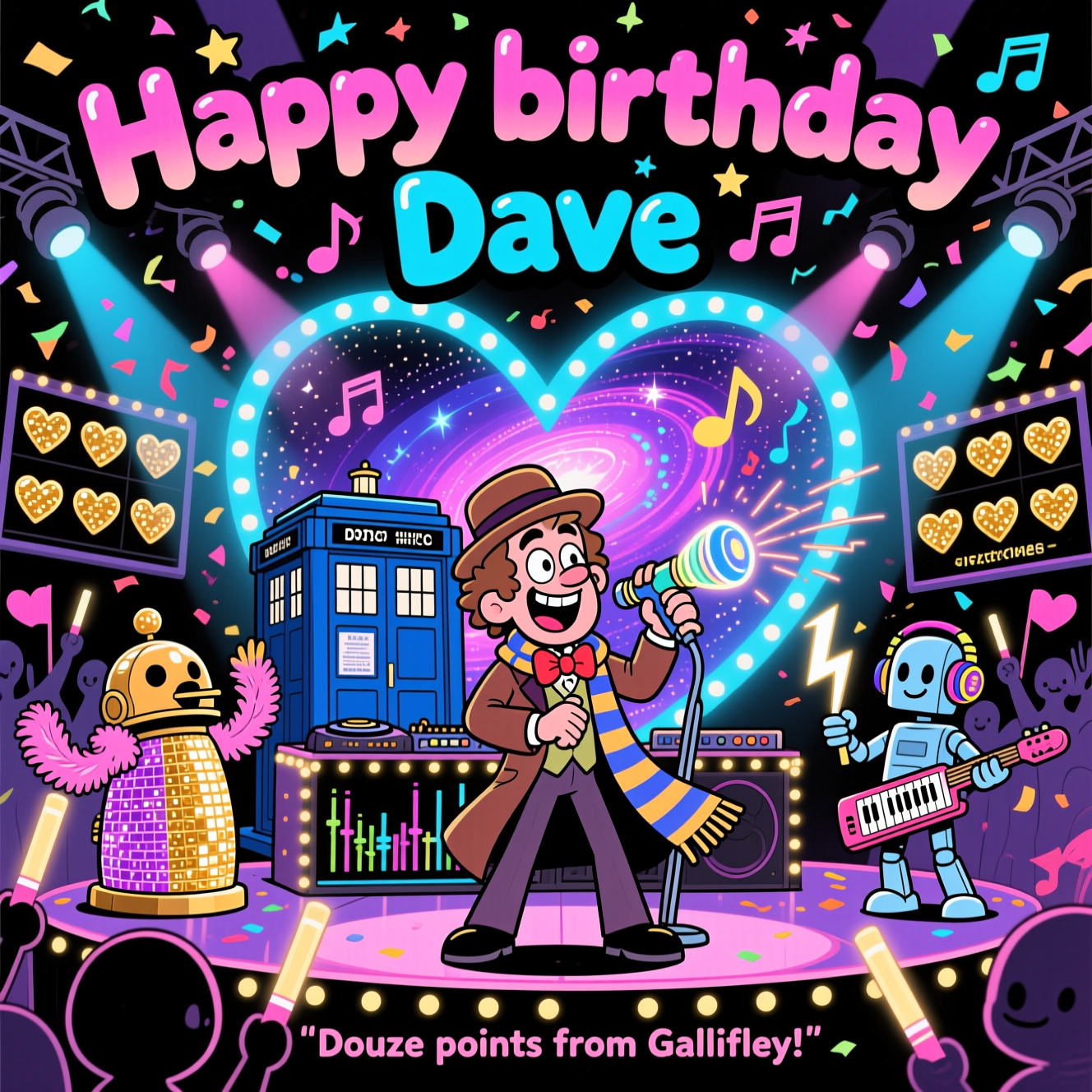 At the top of the Cartoon Style image, "Happy birthday Dave" in huge bouncy bubble letters with thick black outlines, neon blue-to-pink gradient fill, sprinkled with tiny stars and musical notes

A playful, funny Cartoon Style scene of Doctor Who at the Eurovision Song Contest: a glitter-soaked mega-stage with a giant glowing heart-shaped LED backdrop swirling with galaxies and musical notes; crisscrossing spotlights, colored haze, confetti and spark fountains bursting. Center stage: a cartoony time-traveling Doctor with exaggerated proportions (wide grin, oversized bow tie, long striped scarf flowing like a banner, tiny fez), striking a rock-star pose and singing into a glowing sonic screwdriver. Behind him, his blue police-box time machine turned into a DJ booth wrapped in twinkly fairy lights, equalizer bars pulsing in the windows. To the sides: a sequined disco Dalek twirling a feather boa and a cheerful Cyberman shredding a lightning-bolt keytar, while K-9 wears glitter headphones at the decks. A crowd of cute alien silhouettes waves heart flags and glow sticks; a scoreboard-style screen showers twelve golden heart icons (no extra text). Thick black outlines, bright saturated colors (electric blues, neon pinks, purples, golds), glossy highlights, energetic motion lines; low, wide-angle perspective for maximum drama; whimsical, celebratory, very funny.

At the bottom of the Cartoon Style image, add a small cheeky caption: "Douze points from Gallifrey!"
Generated with these themes: Doctor Who at Eurovision Song Contest, and .
Made with ❤️ by AI.
