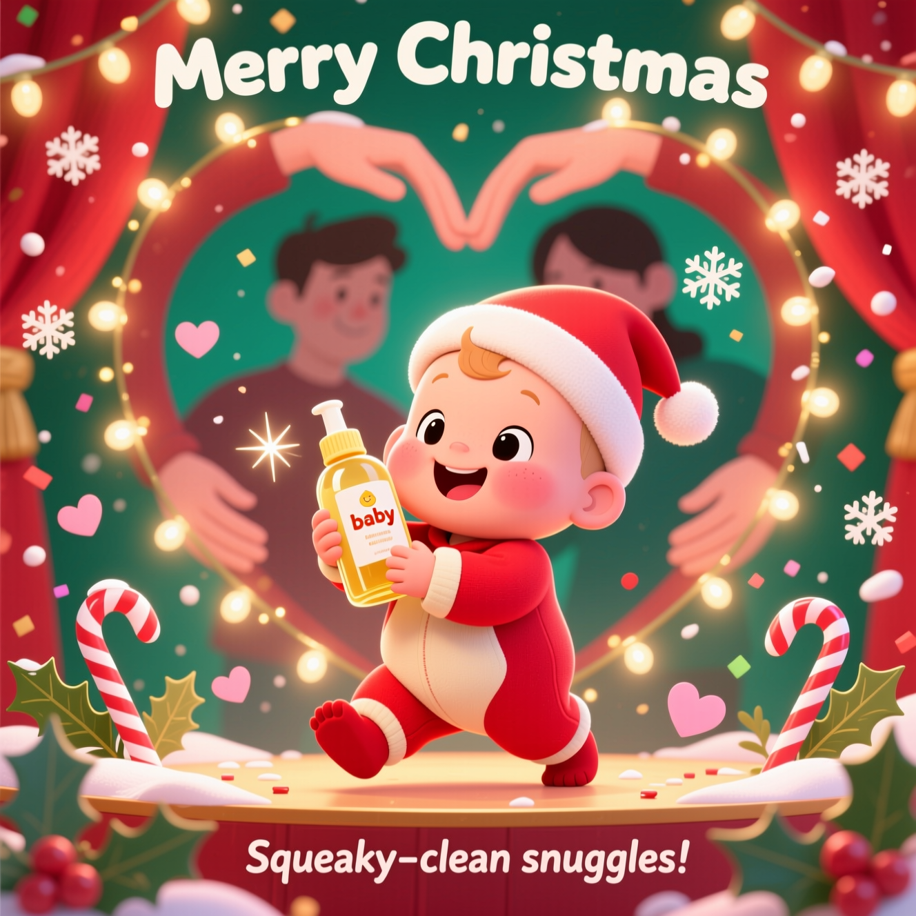 Baby holding baby oil, and New-baby Card