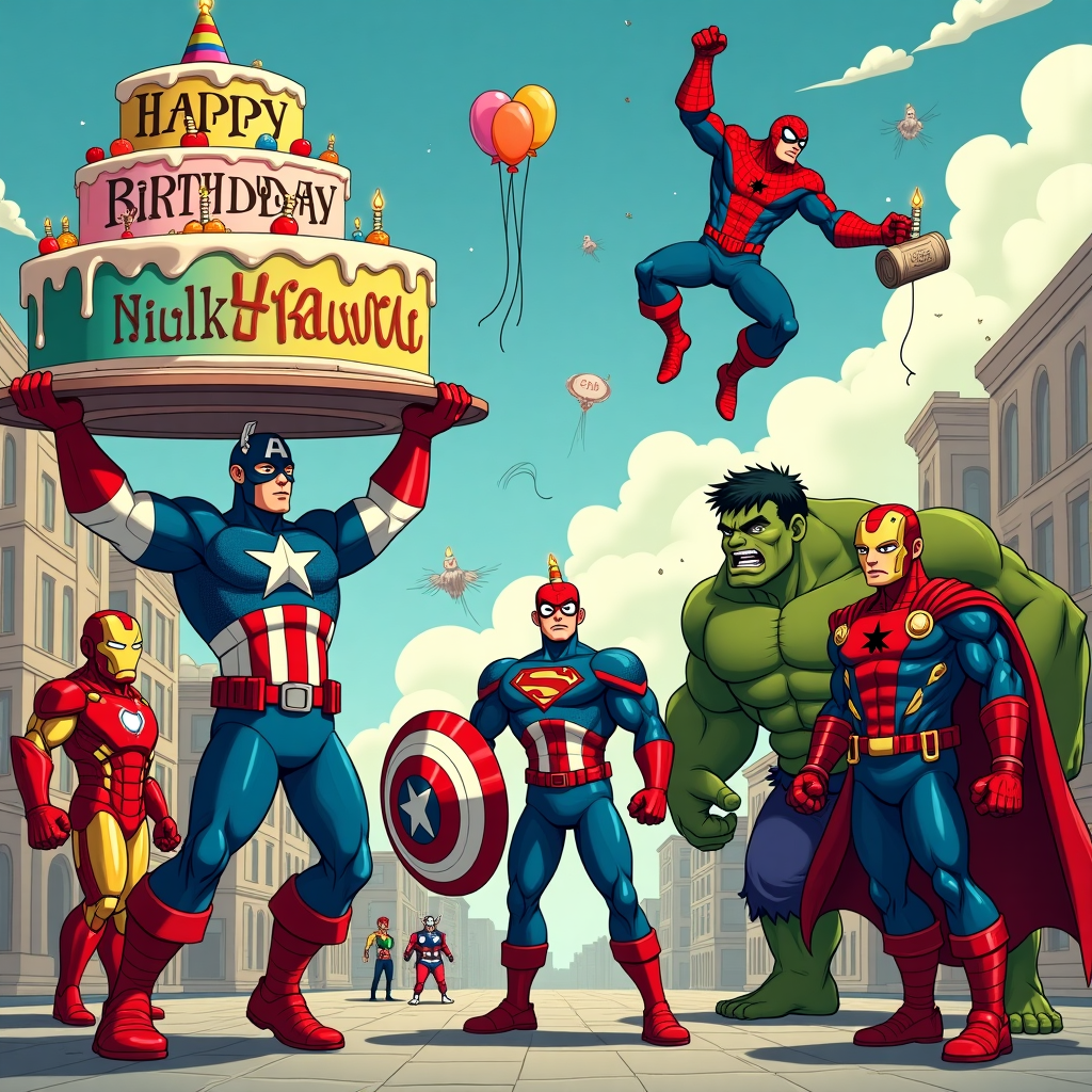 In a whimsical birthday scene inspired by the zany genius of Bill Watterson and the fantastical world-building of Winsor McCay, we find ourselves in an animated, action-packed universe where the Avengers have gathered for a special birthday mission. Front and center, there's Captain America, holding his iconic shield up high. But today, the shield is no ordinary piece of vibranium; it's been transformed into a giant, colorful birthday cake! The cake is intricately detailed, with layers representing each Avenger's iconic colors, and the word "Kaanu" is written in vibrant frosting across the top.

To the left, Iron Man hovers slightly above the ground, his repulsors emitting a playful sparkle. Instead of his usual serious faceplate, his helmet sports a comical party hat with a tassel that bounces with each movement. Nearby, Thor is mid-swing, but instead of Mjolnir, he's wielding a giant balloon shaped like a hammer, with streamers fluttering from its handle.

Hulk, ever the charming brute, stands to the right, wearing a party shirt stretched comically across his chest, emblazoned with the words "HULK SMASH BIRTHDAY CAKE!" A smaller cake is clutched in his massive hand, candles ready to be lit.

In the sky, Spider-Man swings from a thread of webbing, upside down, holding a string of colorful, floating letters that spell out "Happy Birthday, Kaanu!" Each letter is festooned with mini banners and streamers, waving gently as he swings.

The backdrop of the scene is a vibrant cityscape, reminiscent of classic comic panels, with playful nods to Hergé's clean lines and Osamu Tezuka's dynamic compositions. Floating balloons with the Avengers logo, fireworks bursting in the sky, and playful cartoon animals dressed as mini-heroes add a layer of charm. Clouds in the sky are creatively shaped into birthday symbols—a hat, a cupcake, and a candle—creating a vivid and bustling birthday celebration for Kaanu, blending superhero action with festive joy.
Generated with these themes: Avengers wishing happy birthday.
Made with ❤️ by AI.