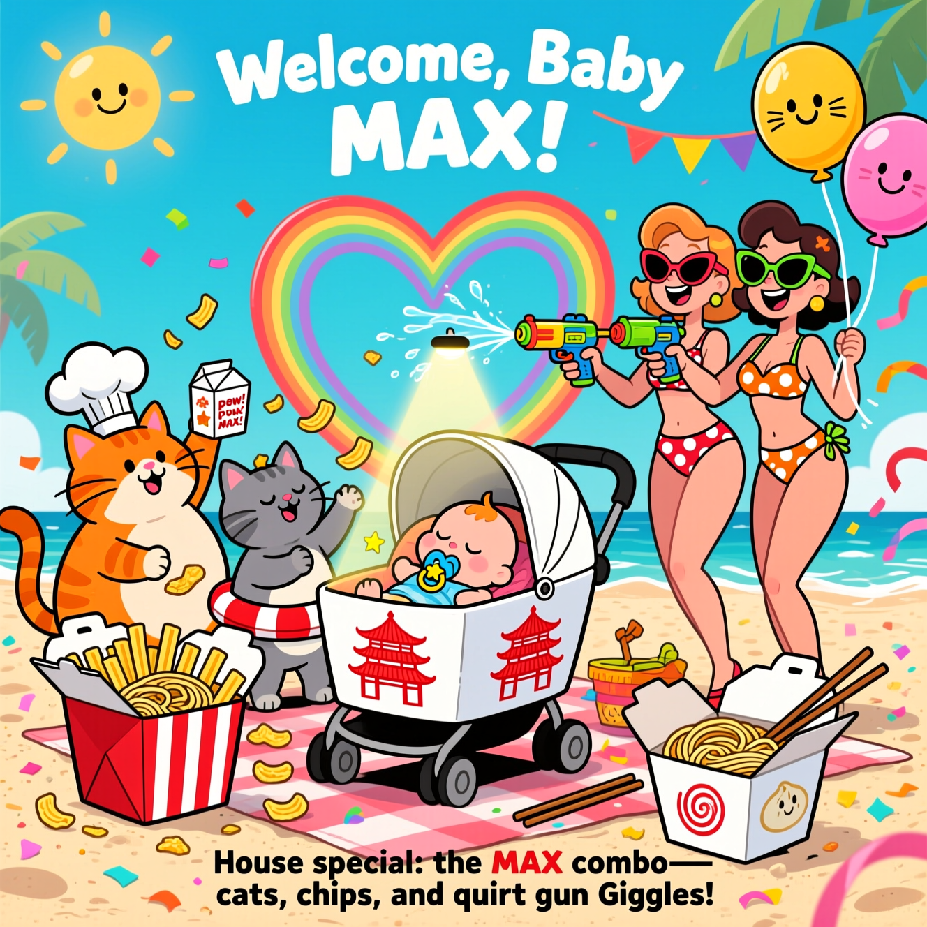 Cats, Guns, Chinese food, Chips, Girls in bikini, and New-baby Card
