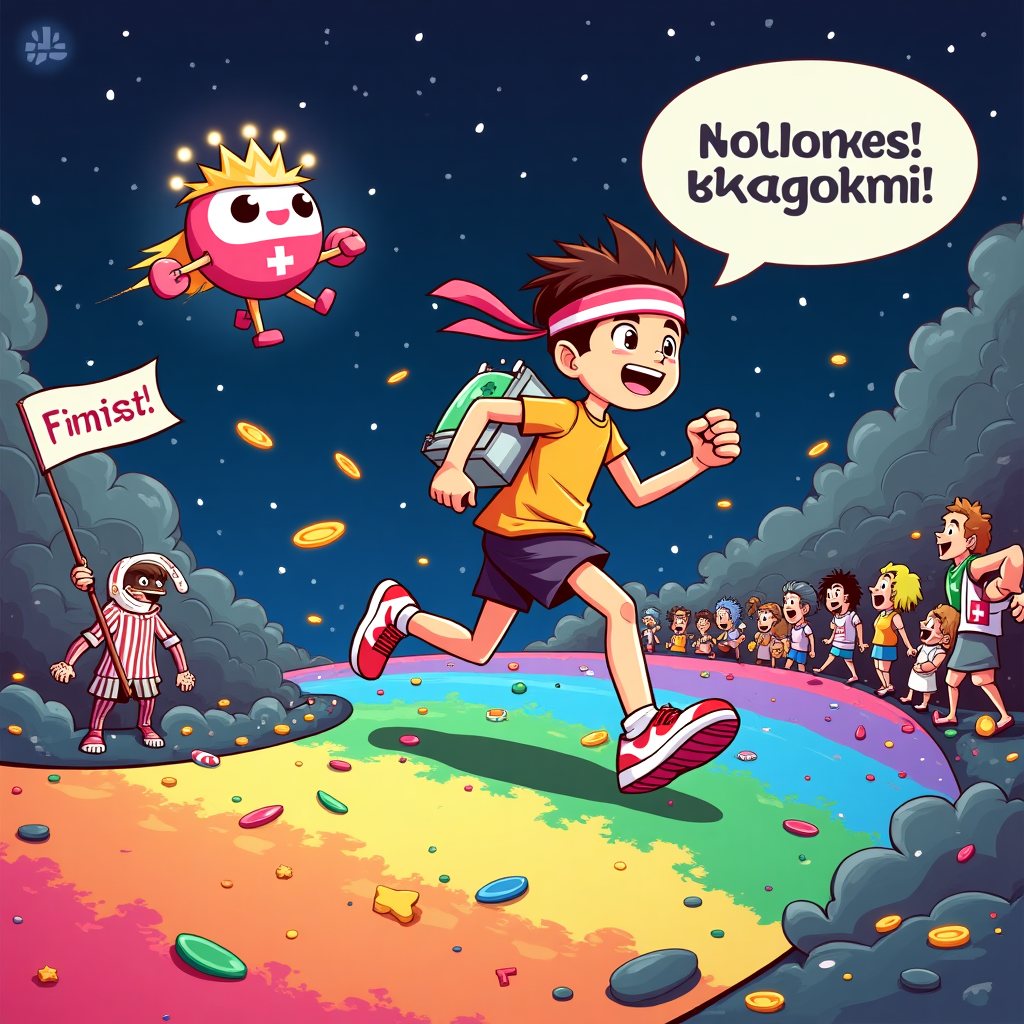 **Image Prompt:**

*At the top of the cartoon image: "Achievement Unlocked, Aidan—You Ran, Healed, and Leveled Up!"*

Create a surreal cartoon scene where Aidan, wearing a pixelated headband and neon running shoes, is sprinting across a winding rainbow racetrack that floats through outer space. His legs are blurred in a classic video-game speed-run motion, and his heart-shaped stamina bar glows above his head.

Trailing behind him is a friendly, animated medkit with eyes, little cartoon legs, and a jetpack, shouting encouragement through a comic speech bubble. Arcade-style power-ups float around the course: golden stars, energy drinks, and little green "luck mushrooms" with smiley faces.

Up ahead, a colossal joystick-controlled finish line floats in mid-air, with a floating victory crown blinking like a health bonus. Strange cheering characters—half marathon runners, half pixelated NPCs—line the sides, tossing confetti made of bandaids and health potions.

A pixel-art unicorn referee waves a flag that says "100% Completed."
Generated with these themes: Marathon, Medkit, Gaming, and Good luck.
Made with ❤️ by AI.
