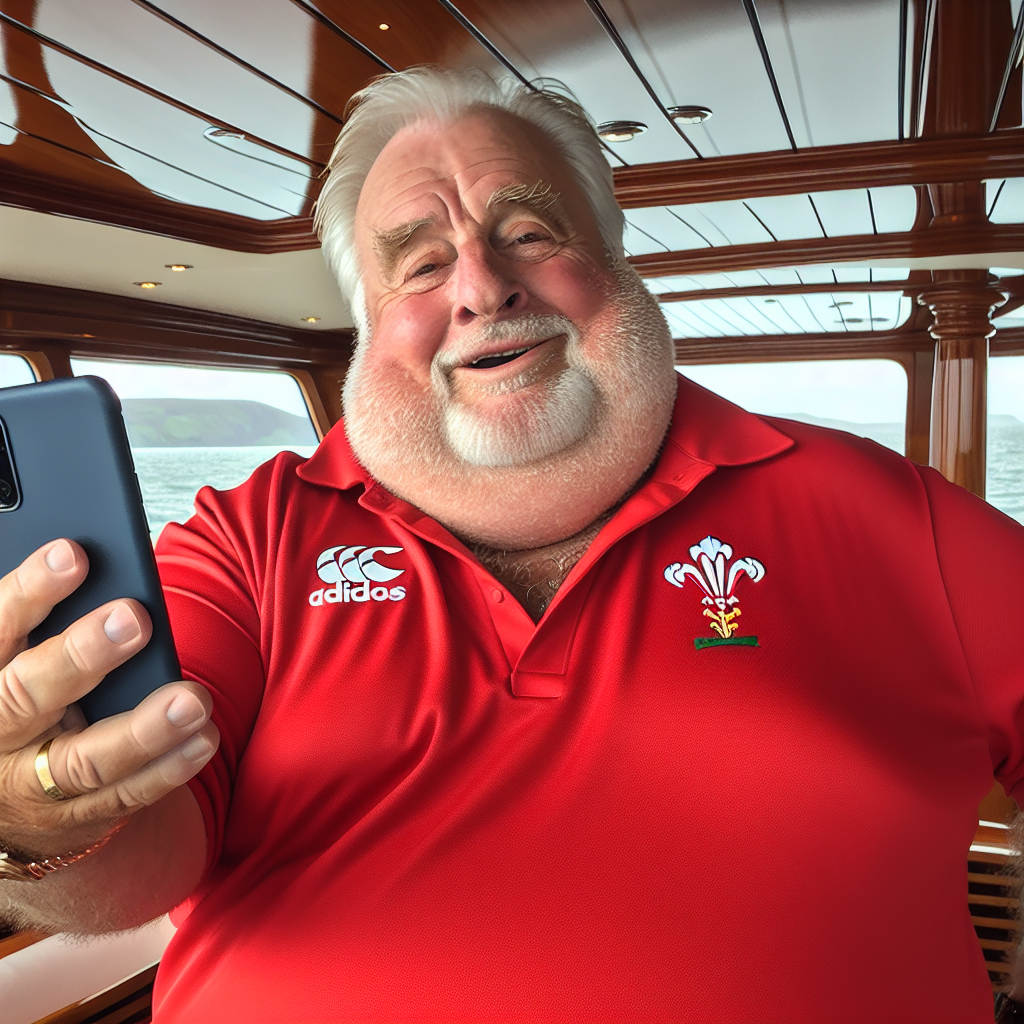 Generate an image featuring a cheerful, overweight 60-year-old man of Caucasian descent, expressing his non-smoking lifestyle. His face is clean-shaven, further heightening his jovial demeanor. He is dressed in a richly colored red rugby shirt, clearly representative of the Wales team. This bright garment stands out starkly against the luxurious setting of his yacht. He casually maneuvers the yacht using one hand, while his other hand holds his mobile phone with confidence. He might just be pausing to take a selfie in celebration of his birthday, or perhaps, he's delighting at a barrage of festive messages.
Generated with these themes: clean shaven, non smoking 60 year old fat man wearing a red Wales rugby shirt driving his luxury yacht and looking at his mobile phone.
Made with ❤️ by AI.
