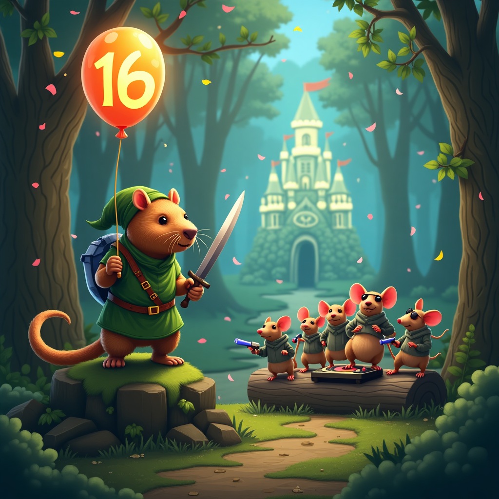 At the top of the realistic photograph image: *"Level 16 Unlocked, Poosh—Time to Capy-slash and Rat-roll your way to greatness!"*

**Image Prompt:**
A hyper-realistic, humorous photograph of a chaotic medieval birthday scene in a fantasy forest. A giant capybara dressed like Link from Zelda (complete with a tiny green tunic and wooden sword) stands heroically on a mossy rock, holding a glowing "16" balloon like a mystical relic. Beside him, a gang of cool streetwise rats (wearing Undertale-inspired hoodies and sunglasses) are breakdancing on a log, with one of them DJing on a tiny turntable made from a mushroom cap. Floating in the background is a spectral image of Sans from Undertale photobombing with finger guns. Confetti rains from above, and in the distance, a castle made of cheese glows majestically under fairy lights. The entire vibe screams “epic quest meets surprise party.”
Generated with these themes: Capybara, Undertale, Zelda, Rats, 16th Birthday, and .
Made with ❤️ by AI.