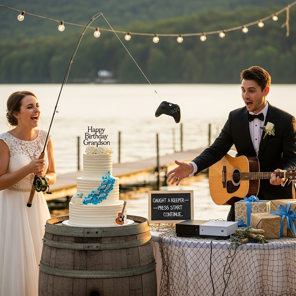 At the top of the Photorealistic picture taken from a camera image, Happy Birthday Grandson

Ultra-high-definition 4K UHD, photorealistic, funny wedding scene at a lakeside reception during golden hour. Vertical portrait composition, shallow depth of field. Center foreground: a tall, elegant three-tier white wedding cake on a rustic wooden barrel; delicate icing details, tiny sugar fish “leaping” from blue frosting swirls, and a small sugar guitar decoration. To the left, the bride in a classic white dress laughs mid-cast, holding a fly-fishing rod; the arcing line glints in the sunlight and is hooked into an Xbox controller suspended mid-air. To the right, the groom in a sharp black tux grins in mock horror, reaching toward the controller while cradling an acoustic guitar. On a nearby gift table, an Xbox console is clearly visible among wrapped presents and a fishing net draped for decoration. Warm string lights and cheering guests blur into creamy bokeh; a calm lake and wooden dock glow softly in the background.

Include a small chalkboard sign near the cake with the single line: Caught a keeper—press Start to continue.

Camera look: full-frame DSLR, 50mm lens, f/2.8, ISO 200; natural backlight with gentle lens flare and subtle bounce fill; accurate lighting, lifelike textures (fondant, wood grain, satin, metal reel, braided fishing line), natural skin tones, crisp focus on the couple, controller, and cake, with rich depth of field and realistic dynamic range.
Generated with these themes: Fishing, cake, guitar, x-box, and .
Made with ❤️ by AI.