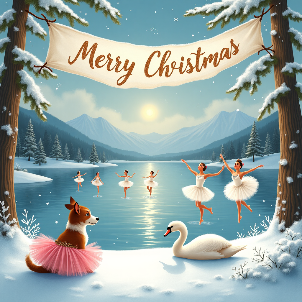 In this enchanting Christmas card scene, imagine a charming wintry landscape where a serene, frozen lake stretches across the backdrop. The surface of the lake glistens like a sparkling diamond, kissed by the gentle glow of a soft winter sun peeking through the fluffy white clouds. Alongside the lake, a line of graceful swans glides elegantly, their feathers pristine and as white as snow. Near the lake's edge sits an adorable Jack Russell Terrier, proudly donning a pink tutu that adds a whimsical touch to this winter wonderland. The Jack Russell's curious eyes are fixated on a troupe of ballet dancers, dressed in elegant white costumes adorned with silver snowflake patterns. They twirl and leap gracefully on a stage made of compacted snow, their movements perfectly synchronized with the beauty of the wintry scene. Above this captivating scene, a large festive banner unfurls across the sky, delicately inscribed with "Merry Christmas Mum and George" in shimmering gold letters that catch the light. The banner is tied to two towering pine trees, each heavy with a dusting of snow. The entire tableau is framed by a backdrop of distant snow-capped mountains, completing this picturesque holiday scene.
Generated with these themes: Jack Russel dog wearing tutu sat watching, Ballet dancers, Banner with Merry Christmas Mum and George, Swans, and Wintry frozen lake.
Made with ❤️ by AI.