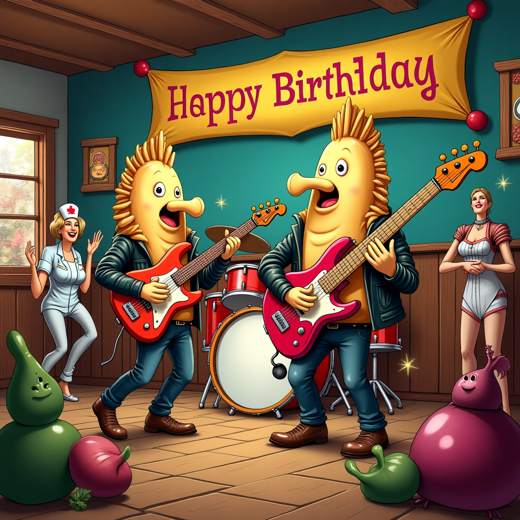 On the cover of this birthday card, imagine a vibrant scene bursting with whimsy and humor, where a rock band composed entirely of anthropomorphic pierogi is rocking out on a makeshift stage. The lead pierogi, donning a leather jacket and sporting spiky cheese-filled hair, passionately strums an electric guitar shaped like a slice of kielbasa. The drummer, a sauerkraut-filled pierogi with drumsticks made of pretzel rods, energetically bangs away on drums fashioned from overturned Polish soup bowls. The audience is a lively mix of cartoon characters—a nurse with a cheeky grin, twirling a gin-filled stethoscope, stands stage-side, tapping her foot in rhythm with the music. In the background, an assortment of Polish food staples, such as a dancing dill pickle and a bopping beet, add to the animated crowd. Overhead, a quirky banner reads "Happy Birthday" in letters made of twisted Polish sausages. The scene is set in a bustling, colorful venue resembling a cozy Polish tavern, complete with wooden beams and a backdrop of framed rock music memorabilia featuring legends like "Baba Yaga & The Borscht Boys."
Generated with these themes: Polish food, Rock music, Nurse, and Gin.
Made with ❤️ by AI.