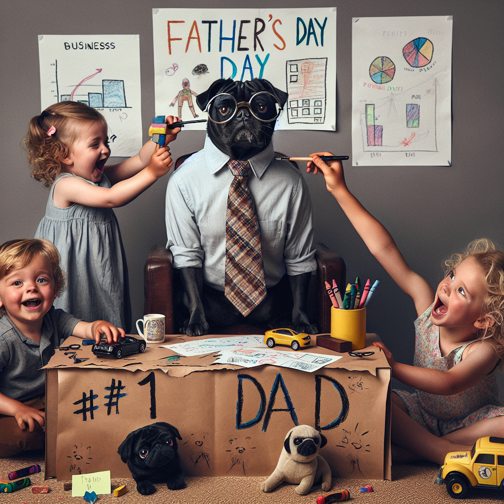 Black pug, Three year old curly haired white girl, and 1 year old blonde boy Fathers-day Card
