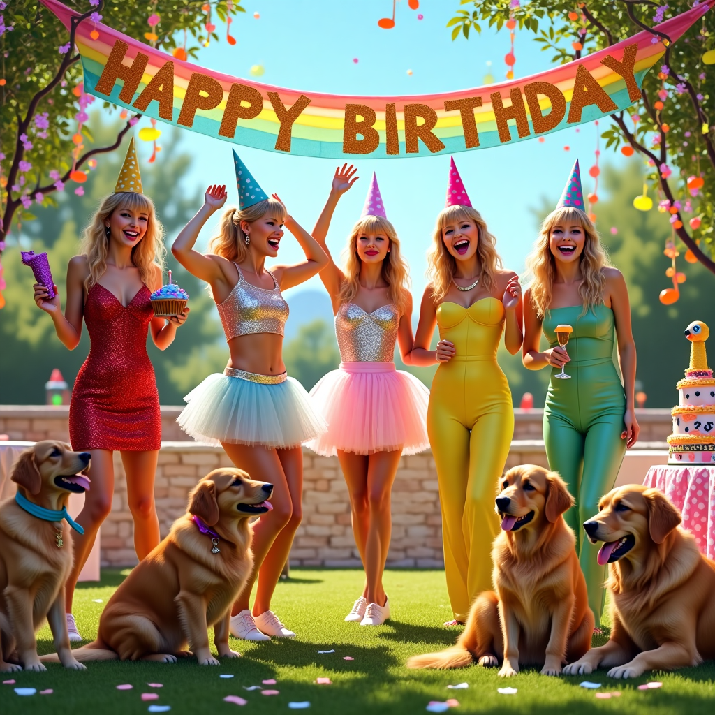 **Front Cover Description for Birthday Greeting Card:**

**Main Scene:**
- **Central Focus:** Multiple lifelike clones of Taylor Swift, all with her signature blonde hair styled in loose waves, wearing a mix of colorful party attire. Each clone is distinct in vibrant clothing: one in a sequined red dress, another in a pastel pink tutu skirt paired with a glittery silver top, and yet another in a bright yellow jumpsuit with sparkly details.
- **Actions:** Each Taylor Swift clone is captured in a snapshot of celebratory excitement. One is holding a cupcake with a candle, another is mid-jump with hands thrown up, and a third is enthusiastically tossing confetti into the air.

**Party for Golden Retrievers:**
- **Dogs:** A group of golden retrievers, each with shiny, golden fur that glistens under bright party lights. They are wearing party hats in various colors: blue, green, and polka-dot patterns. One dog has a party horn in its mouth, while another is sitting with a party balloon tied to its collar.
- **Backdrop:** The backdrop showcases a vivid garden scene with green grass and a clear blue sky visible beyond the party area. There’s a large rainbow-colored banner overhead with the words "Happy Birthday" in bold, sparkly lettering.

**Atmosphere and Decorations:**
- **Streamers and Confetti:** Streams of colorful paper streamers in shades of purple, orange, and lime green hang from the trees and light fixtures. The ground is littered with confetti, adding a layer of festivity to the scene.
- **Additional Details:** In the background, there's a long table set with a bright tablecloth adorned with polka dots, holding a three-tiered cake with musical notes as a design theme. A piñata shaped like a microphone hangs from a nearby tree branch.

**Lighting and Colors:**
- **Lighting:** The scene is bathed in warm, natural sunlight, casting cheerful glows on the participants. Bright party lights in the shape of musical notes are strung overhead.
- **Color Palette:** A spectrum of vivid colors is present, with emphasis on reds, yellows, blues, and pinks to create a lively, energetic visual impact.

This vibrant and detailed scene sets the stage for a unique and celebratory birthday card cover, combining iconic celebrity charm with the undeniable joy of canine companions.
Generated with these themes: Multiple taylor swift clones who are too excited, A party for the worlds happiest, most excited golden retrievers , and Very hyper excited atmosphere, streamers and confetti everywhere .
Made with ❤️ by AI.