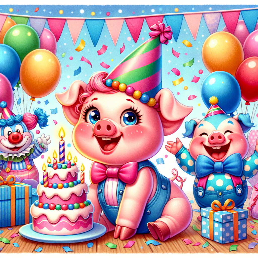 A delightful birthday-themed illustration where the central figures are a playful pink piglet and her younger blue-clad brother, both wearing colorful party hats. They are surrounded by balloons and confetti, creating a festive atmosphere. The piglet holds a birthday cake with candles, ready for the celebration, while her brother gleefully clutches a present. In the background, a merry clown with an oversized bow tie and polka-dot suit strikes a jovial pose, adding to the cheerful scene.
Generated with these themes: Peppa pig , George pig, and Mr tumble .
Made with ❤️ by AI.