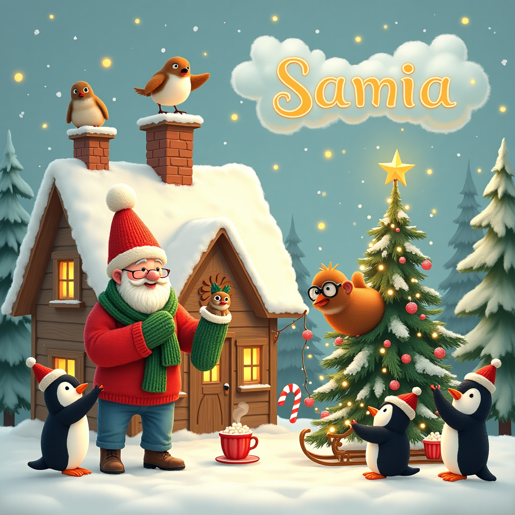 In a cozy, snow-draped village, nestled in the heart of the scene, a charming wooden cottage stands amidst a flurry of snowflakes. Its roof is crowned with fluffy, glittering snow, and warm, golden light spills from the windows, painting the surrounding snow in a warm hue. In front of the cottage, a retired couple, Mr. and Mrs. Snuggleton, are joyfully engaged in an adorable holiday activity. Mr. Snuggleton, wearing a bright red Santa hat and a green woolly scarf, is holding up an oversized pair of knitted mittens, while Mrs. Snuggleton, dressed in a festive, holly-embroidered cardigan, is playfully guiding a cheeky squirrel into one of the mittens. 

Around them, several playful penguins are comically attempting to decorate a small Christmas tree with popcorn garlands and candy canes. The tree is a bit lopsided, adding to the humor of the scene. Perched atop the cottage's chimney is a chubby, mischievous robin wearing a tiny red bow tie, holding a string of lights in its beak, as if attempting to join in the festive chaos. In the sky above, fluffy white clouds take the shape of the word "Samia," like a magical celestial banner woven into the heavens, adding a personalized touch to this joyful winter wonderland. The scene is framed by snow-dusted evergreen trees, and a wooden sled, with a steaming mug of hot cocoa perched on it, is nearby, completing this whimsical Christmas tableau.
Generated with these themes: retired couple.
Made with ❤️ by AI.