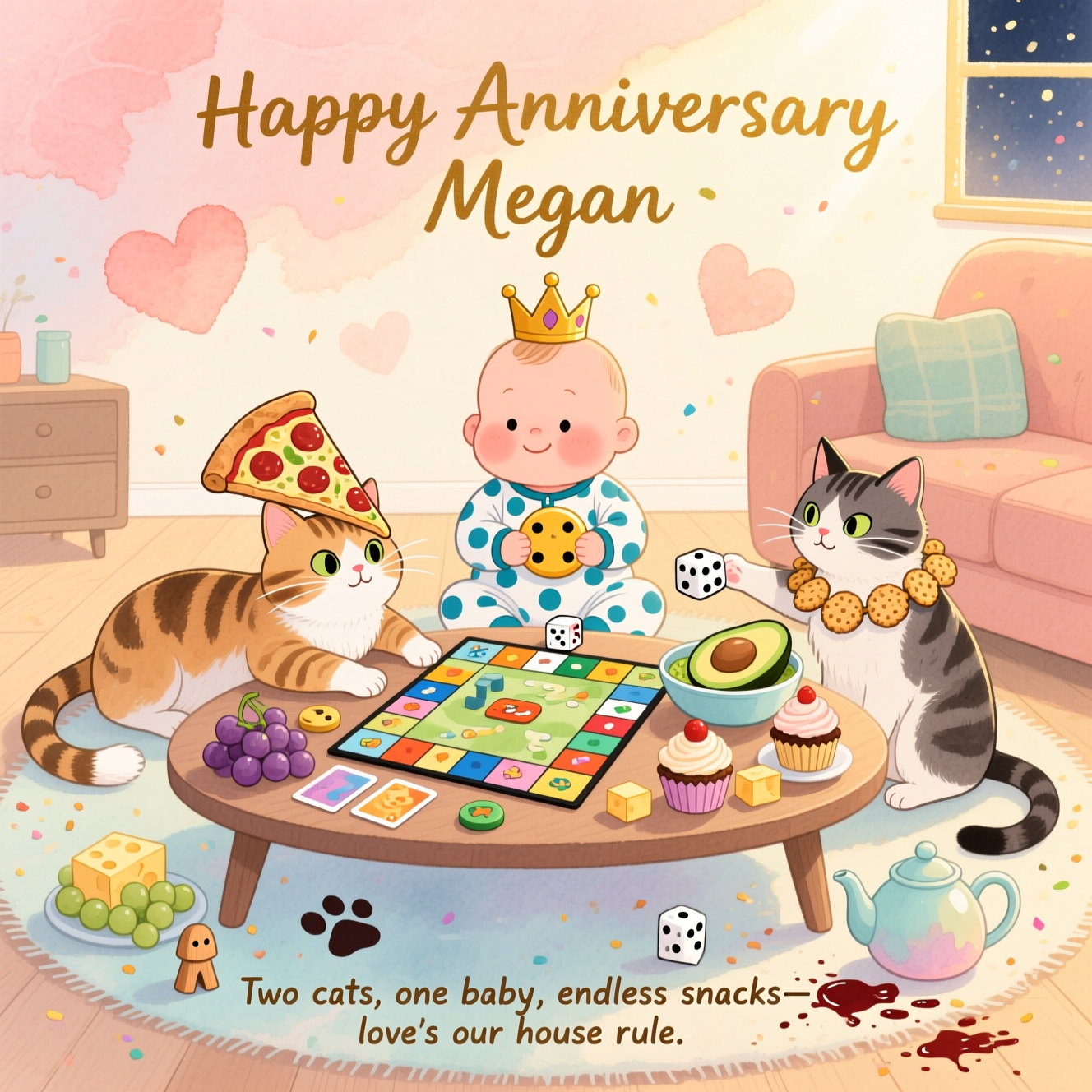 Baby, cats, food, board games, and Anniversary Card