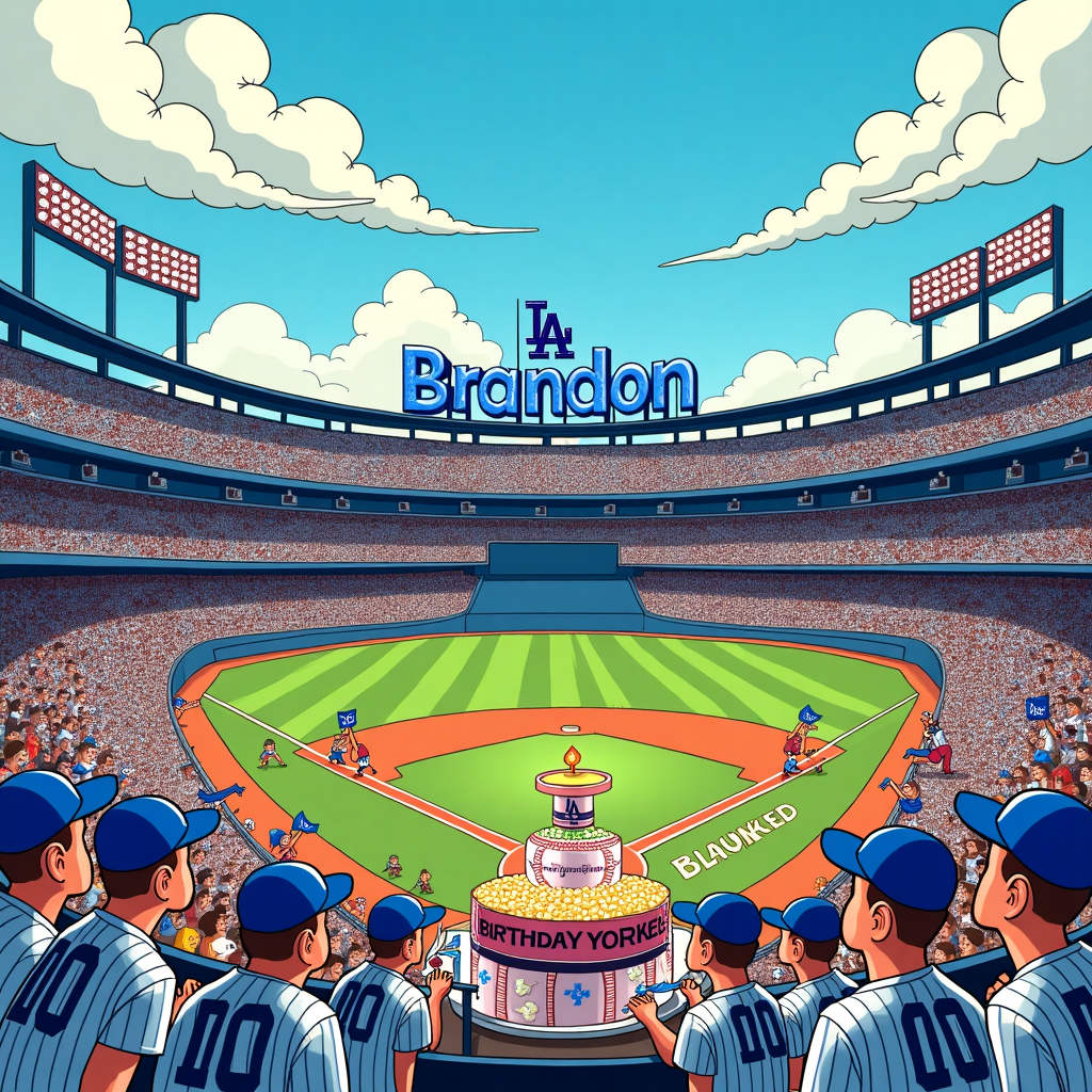 Front and center, imagine a bustling, cartoonized Yankee Stadium, brimming with exaggerated, comical details. The stands are packed with spirited Dodger fans, each with oversized foam fingers, giant blue caps, and exaggerated facial expressions of excitement. Some fans have elongated Dodger pennants waving wildly in the air, while others hold oversized buckets of popcorn, the kernels cartoonishly bouncing around them.

In the background, the stadium's iconic facade is adorned with a massive, cartoon-style banner that reads "Brandon" in bold, playful letters. The letters are balloon-like, with vibrant shades of blue and white, as if they're floating on the breeze. Below the banner, a humorous depiction of a birthday cake shaped like a baseball sits on a table, with candles styled as tiny baseball bats sticking out, flickering cartoon flames on top.

To one side, a group of caricatured players in pinstriped uniforms are caught in a slapstick moment—a chaotic scramble for a runaway baseball, their bodies comically tangled. Their faces are expressive, drawn with large eyes and exaggerated features reminiscent of the vibrant, playful styles of Charles Schulz and Bill Watterson.

The sky above is a bright, exaggerated blue, dotted with cartoon clouds that resemble speech bubbles, adding a dynamic element to the scene. The clouds are animatedly swirling as if they’re whispering secrets of the game to the fans below.

Throughout the scene, there are whimsical touches like a hot dog vendor with a towering stack of hot dogs, each one a different pastel color, a nod to the color palettes of Osamu Tezuka and R. Crumb. The entire illustration bursts with vibrant colors and playful chaos, inviting the viewer to dive into the jubilant and cartoonish world of baseball and birthday celebrations.
Generated with these themes: yankee stadium with dodger fans.
Made with ❤️ by AI.