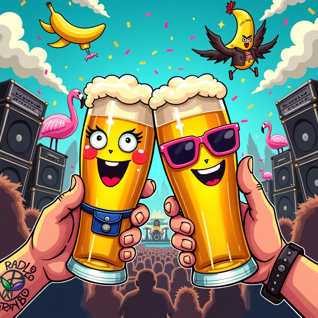 **Illustration Prompt:**

A hilarious, vibrant cartoon-style scene at a wild punk rock festival — think colorful mohawks, spiked jackets, and amps stacked to the sky. Front and center: two frothy cervezas held high in a celebratory cheers. The beers have faces drawn on the glasses (cute googly eyes, one with pink sunglasses, the other with a mini nose ring), clinking together with exaggerated glee.

In the background, a band rocks out on stage while inflatable flamingos and glitter confetti fly through the air. The beer glasses wear punk-themed accessories and exude unmistakable blonde "mom-and-daughter energy" — one beer with a mom-ish fanny pack, the other with teeny fishnets drawn on.

A tattooed crowd-surfing banana wearing a leather jacket zips across the top corner, just for good measure.

The whole scene radiates chaos, joy, and rebellious love — a goofy punk rock tribute to the unbreakable, beer-cheers-ing bond between mother and daughter.
Generated with these themes: A blonde mother and daughter at a punk rock festival, They have a ceveza in their hands, and They love each other.
Made with ❤️ by AI.