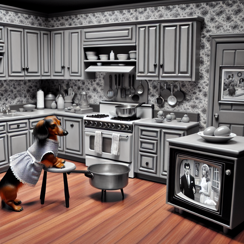 Visualize a hyper-realistically detailed kitchen, every surface meticulously crafted. In the midst of preparing a birthday feast, a perfectly groomed dachshund emerges as an unlikely sous-chef. The canine sports a neatly tied apron around its waist while attentively observing the cooking process, as if critiquing the cooking methods. Nestled in the corner of the kitchen is a television broadcasting scenes from popular soap operas, adding an element of drama to the fun and unpredictable birthday festivities unfolding within this specific setting.
Generated with these themes: Dachshund, cooking, soap operas.
Made with ❤️ by AI.
