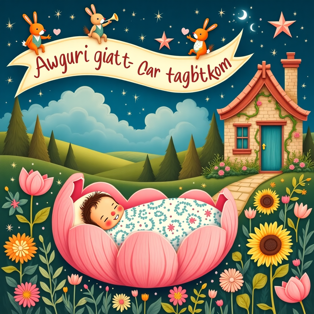 **Front Cover Description for "Awguri għat- tarbija tagħkom" New Baby Greeting Card:**

**Scene Layout:**  
Imagine a whimsical garden setting, lush and vibrant, brimming with fantastical elements that nod to classic children's book illustrations. The scene is bustling with charming details, reminiscent of a Maurice Sendak dreamscape mixed with Beatrix Potter's delicate touch. 

**Foreground Elements:**  
In the foreground, a delightful, hand-drawn cradle shaped like a half-opened tulip blossom cradles a baby girl. The petals of the tulip are a soft, pastel pink with delicate lavender accents. The baby's tiny face peeks out, surrounded by an intricately patterned quilt reminiscent of Aubrey Beardsley's detailed line work, featuring swirling vines and playful, fantastical creatures.

**Central Feature:**  
Above the cradle, a parade of woodland animals, illustrated with Quentin Blake's lively lines, celebrates the arrival. Picture a smiling rabbit in a vest holding a tiny trumpet, a mouse balancing on a ball, and a fox tipping his hat. The animals wear clothing in muted earth tones with splashes of bright primary colors. They seem to move across the card, creating a sense of joyful motion.

**Background Elements:**  
The backdrop is a Norman Rockwell-inspired scene of a quaint, storybook cottage nestled amongst rolling hills. The cottage has ivy crawling up its sides and a welcoming door painted a cheerful robin's egg blue. A stone path winds its way through a garden bursting with vividly colored flowers - sunflowers, daisies, and roses - and lush green foliage.

**Sky and Text Element:**  
The sky is a Maxfield Parrish-esque deep twilight blue, with swirling clouds painted in shades of gold and peach. A banner made of twinkling stars stretches across the sky, each star connected by a gossamer thread. The banner holds the message "Awguri għat- tarbija tagħkom" written in elegant, flowing script that seems to twinkle like the stars themselves.

**Additional Details:**  
To the side, a large, friendly teddy bear, illustrated with Edward Gorey's intricate hatching, holds a cupcake tower adorned with a single candle and topped with tiny, sugar-crafted storks. The cupcake wrappers are an array of pastel shades, adding a subtle pop of color.

This card will be a playful yet elegant piece, rich in detail and narrative, perfect for welcoming a new baby girl into the world with artistic flair.
Generated with these themes: baby girl.
Made with ❤️ by AI.
