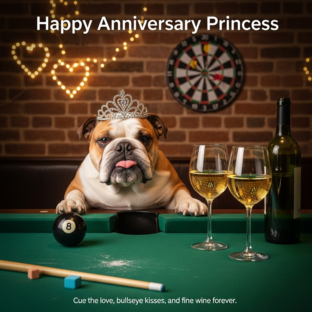 At the top of the Photorealistic picture taken from a camera image, Happy Anniversary Princess 

Ultra-high-definition 4K photorealistic scene in a cozy British pub games room. Center-frame at table height: a chonky English bulldog perched proudly at the edge of a green-felt 8-ball pool table, wearing a tiny rhinestone tiara slightly askew, tongue peeking out with a smug, comedic expression. One paw rests possessively on a glossy black 8-ball; a pool cue and a chalk cube lie nearby with visible chalk dust on the felt. On the rail to the right, two elegant crystal glasses of chilled white wine gently clink, beads of condensation and pale-gold reflections on the glass; an unlabeled bottle of white wine sits just behind them. In the background on an exposed brick wall, a classic dartboard with three darts sunk perfectly into the red bullseye; warm fairy lights create soft heart-shaped bokeh. No people, just the dog as the star.

Lighting and camera: shot on a full-frame camera at table height, 85mm prime, f/1.8, ISO 200; warm tungsten ambient with soft directional fill; rich depth of field with the bulldog, 8-ball, and wine glasses tack sharp, background gently blurred; lifelike textures of wrinkled fur, moist nose sheen, glass reflections, wood grain, and felt fibers. Color grading warm and romantic: amber highlights, deep greens, brick reds, and the golden hue of white wine.

Keep the overall mood funny and affectionate, with space at the top reserved for the title text. Style the title text in clean, bright white script with a subtle gold edge and a soft drop shadow for readability.

At the bottom of the image, add a small, cheeky caption in playful white lettering: Cue the love, bullseye kisses, and fine wine forever.
Generated with these themes: English bulldog , 8 ball pool, darts, white wine, and .
Made with ❤️ by AI.