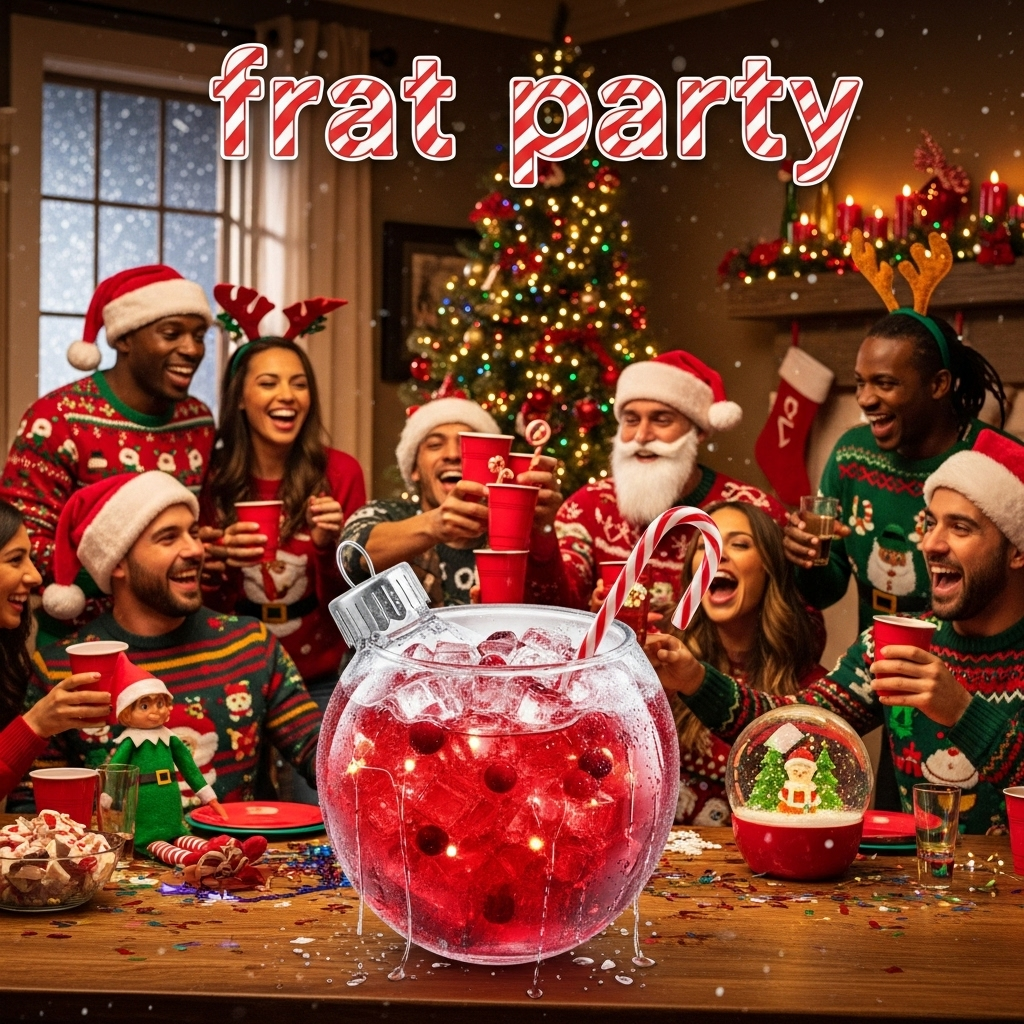 At the top of the Photorealistic picture taken from a camera image, frat party

Ultra-high-definition 4K UHD photorealistic Christmas comedy scene inside a festively decorated fraternity living room. Warm, accurate holiday lighting from twinkling string lights and a glowing tree creates rich depth of field and lifelike textures.

Composition: Low, slightly wide 35mm full-frame angle focused on a comically oversized holiday drink in the foreground—a giant clear ornament-shaped glass filled with cranberry punch and crushed ice, candy-cane straw, condensation beading realistically, and reflections of fairy lights on the glass. Midground: a group of clearly adult partygoers (mid-20s+, diverse) in ugly Christmas sweaters (no text), Santa hats, and reindeer antlers, laughing as they hoist absurdly large drinks—yard-long candy-cane tumblers, an enormous red party cup, and a punch bowl shaped like a snow globe. One guest in a faux Santa beard pretend-pours from a Santa-themed keg tap into a comically gigantic cup. Another playfully uses a candy cane as a “stir stick” that’s hilariously too small for the enormous drink.

Background details: Christmas tree decorated with red party cups as ornaments, bottle-cap garland, and twinkling lights; stockings on a mantle; a window showing gentle snowfall outside. A mischievous elf figurine peeks from a shelf near a bowl of peppermint bark. Confetti snowflakes and tinsel scatter across a wood table. A light bokeh glow isolates the laughing faces while keeping the festive setting readable.

Text treatment: The single line “frat party” appears at the top in bold, candy-cane-striped lettering with frosted edges and a soft glow, integrated into the negative space over warm bokeh; keep it short and punchy, no other text anywhere.

Camera and look: Full-frame DSLR, 35mm lens, f/1.8, ISO 800, 1/125s. Natural skin tones, crisp micro-contrast, realistic highlights on glass and liquid, soft filmic grain. Colors vibrant yet believable (rich reds and greens with warm golden light). No logos, no brand names, no copyrighted characters, no watermarks, no frames. All subjects unmistakably adult.
Generated with these themes: Frat party , Big drinks , , and .
Made with ❤️ by AI.