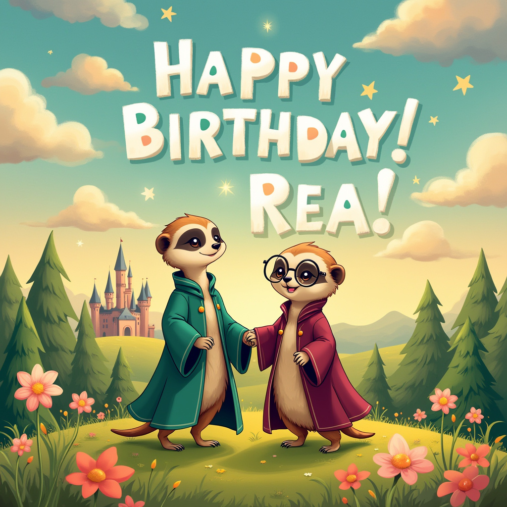 A cute meerkat is saying happy birthday to a cute sloth, They are both wearing Harry potter style robes, and They are both smiling, and they are both holding hands, and The sloth has glasses Birthday Card