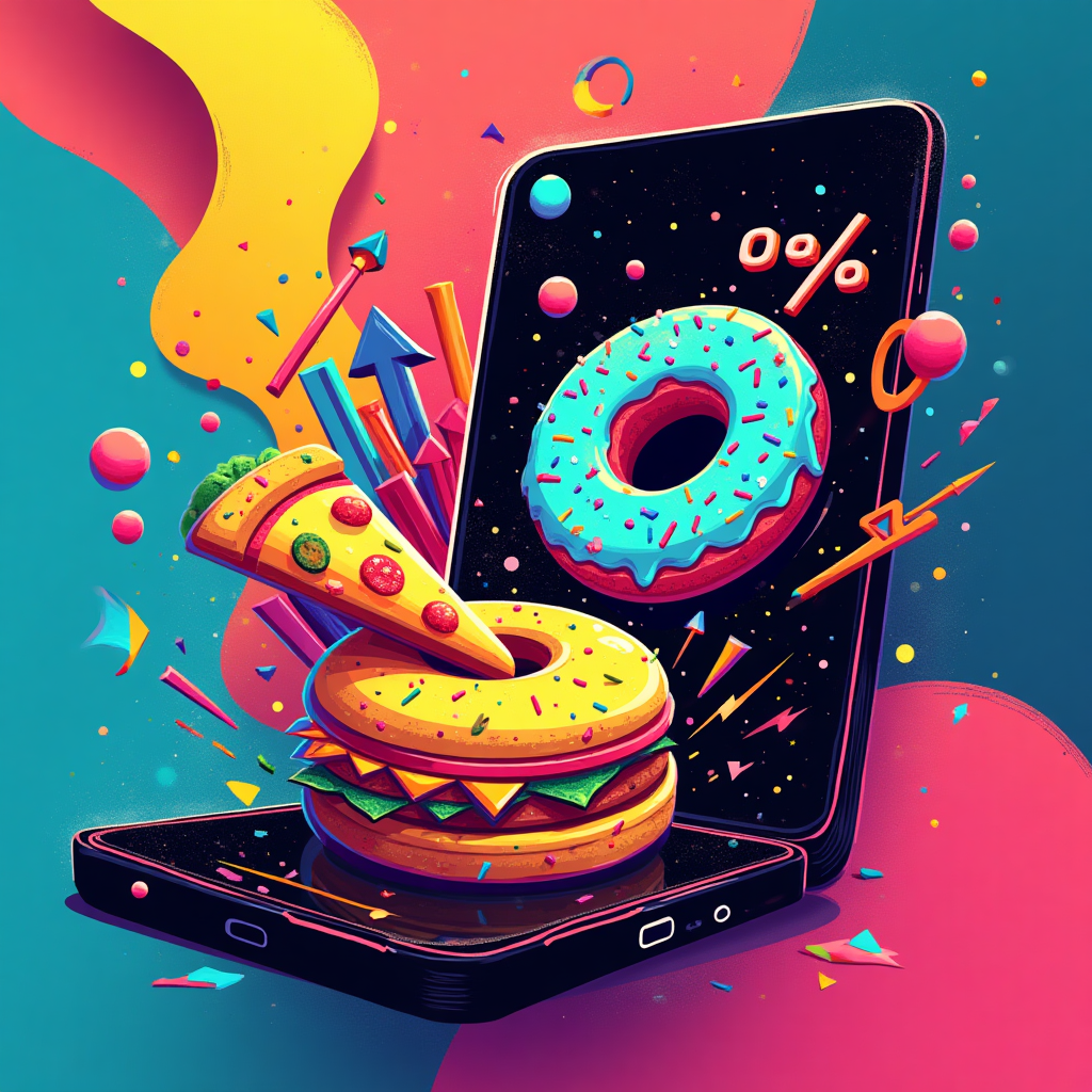 At the top of the Abstract Style image, "Congratulations on the new job, Ryan!"

Bold abstract composition of geometric shapes and fluid curves, high-contrast colors, and dynamic brush-stroke textures for modern expressive art. Center a large stylized smartphone silhouette built from overlapping neon rectangles and circles. From the screen, let a ribbon of fluid, painty curves spiral out, transforming into:
- App icon squares morphing into food: a pizza-slice pie chart with an exaggerated upward wedge; a sprinkled donut forming a glowing “0”; a burger stacked like colorful bar-chart layers.
- Commission-rate symbols: giant percentage signs, broken “fees” arrows tumbling down as confetti, and a triumphant 0% donut hovering like a halo.
- Mobile UI motifs as garnish: swipe arcs, notification badges, chat bubbles orbiting playfully.

Palette: electric cyan, hot magenta, lemon yellow, deep black, crisp white highlights. Use energetic brush streaks over clean geometry, with halftone speckles, paint splashes, and soft neon glows to suggest motion and humor. Keep the headline legible and crisp against the high-contrast background.

Add a small cheeky caption near the bottom in a bold, clean font: "Zero fees, extra cheese."
Generated with these themes: Mobile apps, commission rates, food, and .
Made with ❤️ by AI.