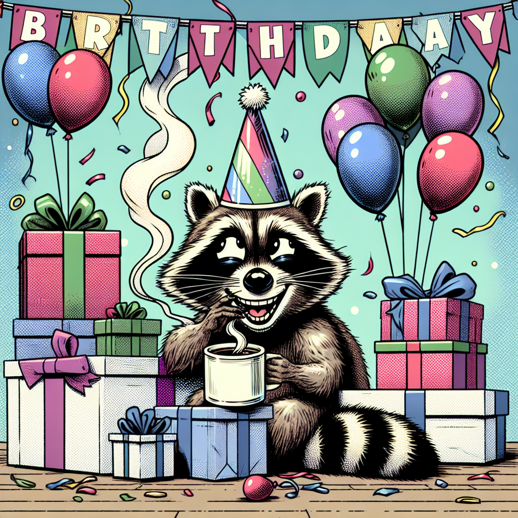 Create an image of a comic-style birthday party scene. The main character is a gleeful raccoon sporting a party hat. The raccoon is caught sipping from a steaming cup of coffee in the middle of an assortment of wrapped birthday presents. The background is decorated with floating balloons and colorful streamers, contributing to the festive ambience. The raccoon, seeming to enjoy its caffeinated beverage, carries an expression that insinuates it may be scheming its next amusing act amidst the ongoing celebration.
Generated with these themes: Coffee, and Raccoon .
Made with ❤️ by AI.