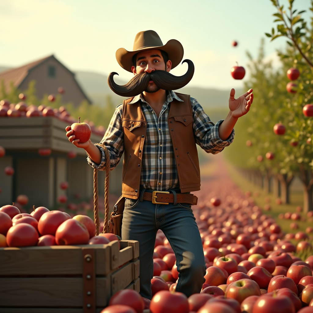 At the top of the Photorealistic picture taken from a camera image, place the single line: “Congrats, luke—moustache say you’re the apple-wranglin’ champ!”

Ultra-high-definition 4K UHD, ultra-photorealistic camera-shot scene of a jubilant cowboy with an absurdly huge handlebar moustache in a sunlit apple orchard. He stands grinning, slightly off-center, waist-up, with an avalanche of apples everywhere: hundreds of glossy red and green apples spilling from a tipped wooden wagon and overflowing crates, carpeting the ground and a few caught midair as they tumble. The moustache is comically massive and perfectly curled; each curl cradles an apple, one wobbling precariously, emphasizing the joke. He holds a coiled lasso in one hand and gives a playful thumbs-up with the other; weathered felt hat, scuffed leather vest over a plaid shirt, dusty denim, big belt buckle. Lifelike textures: coarse moustache bristles, grainy leather, fibrous rope, rough wood, and realistic apple skin with tiny pores, dimples, stems, and a natural waxy sheen; a hint of dew on some apples. Lighting is warm golden hour from camera-left, with soft rim light kissing the hat brim and moustache; subtle dust motes glowing in the air. Background shows rows of apple trees receding into depth, a rustic fence, and a distant barn; clear sky above provides clean negative space for the single line of text. Composition: slightly low-angle hero shot, three-quarter framing; rich sense of depth with foreground apples sharp and the orchard softly falling into bokeh. Camera look: full-frame DSLR, 35mm lens, f/4, 1/1000s, ISO 200; tack-sharp focus on the cowboy’s face and moustache, motion-frozen apples midair, natural color, accurate lighting, true-to-life textures. Mood: cheeky, triumphant, funny. No additional text or logos.
Generated with these themes: Cowboy, Huge moustache , Loads and loads of appes, and .
Made with ❤️ by AI.