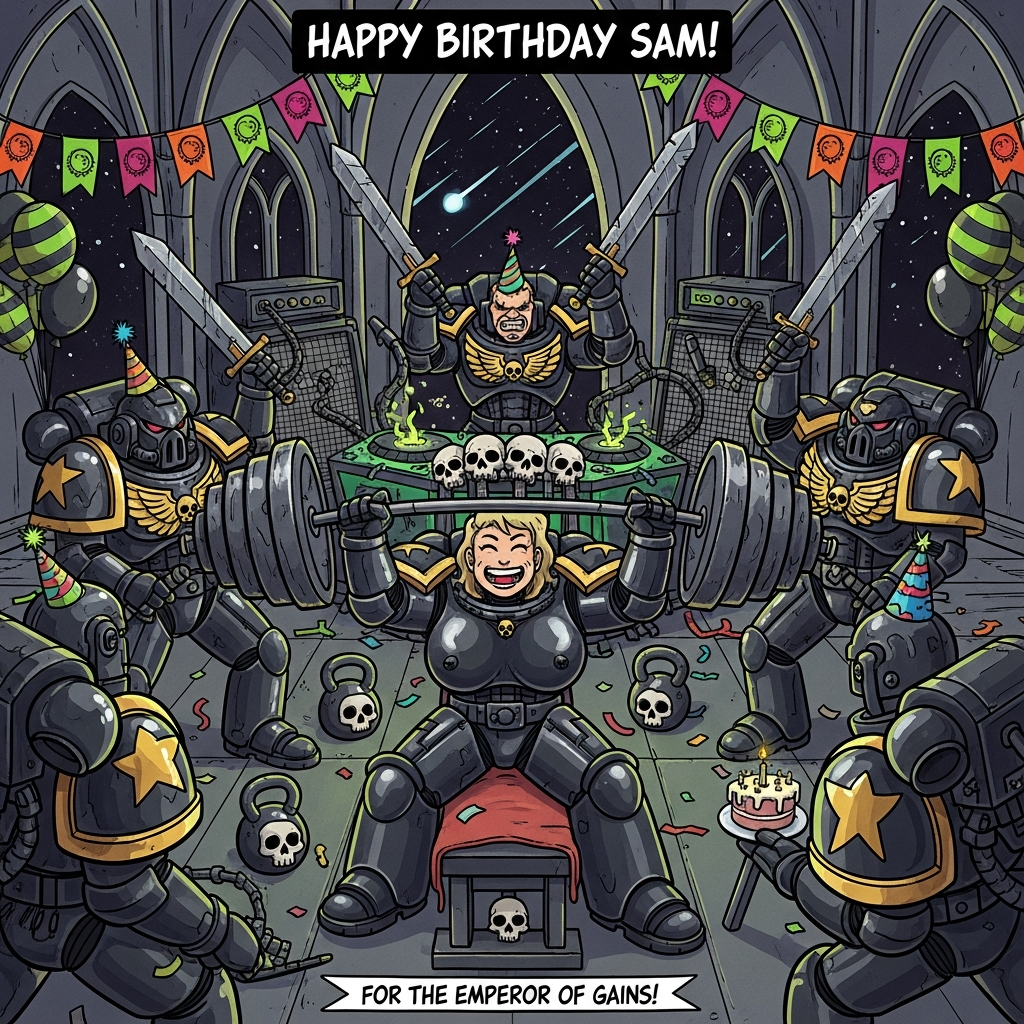 Warhammer, gym, music, heavy metal, black, boobs, space marines, and Birthday Card