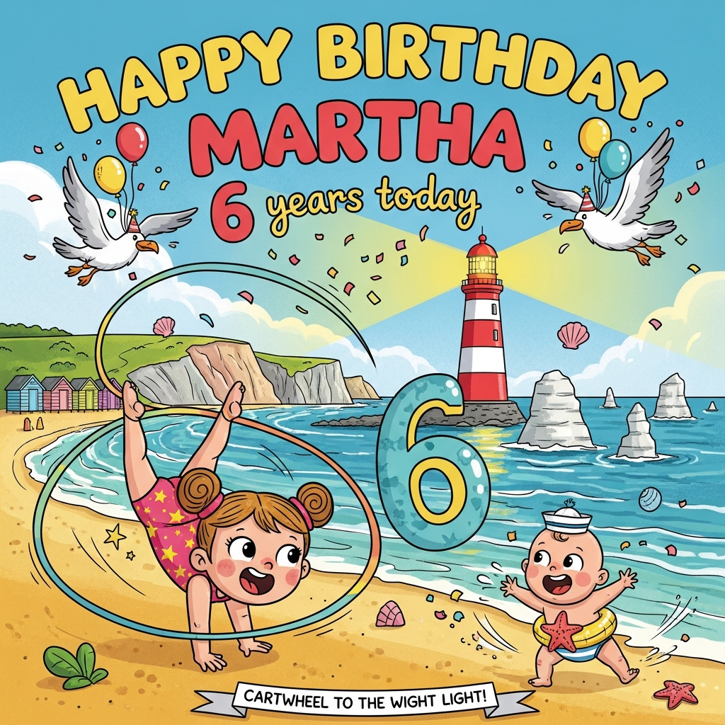 At the top of the Cartoon Style image, “Happy Birthday Martha 6 years today” in big bouncy bubble letters, curved like seaside bunting in sunshine yellow, cherry red, and ocean teal.

A cute, bright, playful cartoon scene on the Isle of Wight coast: the red-and-white striped Needles lighthouse beams a warm heart-shaped glow over turquoise waves and chalky white stacks; pastel beach huts and colored-sand cliffs in the distance. Center stage, a wide-eyed, rosy-cheeked little girl gymnast (exaggerated head and hands, thick outlines) in a star-sparkle leotard cartwheels across golden sand, her ribbon swirling through the air to form a giant number “6” that arcs toward the lighthouse. Beside her, her chubby-cheeked baby brother in a tiny sailor hat and starfish floatie attempts a wobbly baby tumble, giggling. Seagulls in party hats swoop with balloons; seashell and confetti sprinkles fly; dynamic motion lines, chunky shading, and saturated colors (aqua, coral, lemon, sky blue) amplify the energy. Whimsical, energetic poses, full-bleed composition, thick outlines, super cute mood.

At the bottom, add a small cheeky line on a ribbon banner: “Cartwheel to the Wight light!”
Generated with these themes: Isle of Wight, lighthouse, baby brother , gymnastics, , and .
Made with ❤️ by AI.