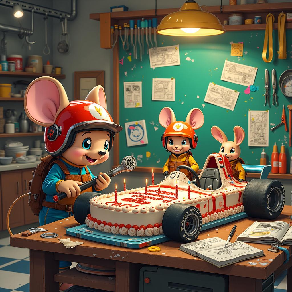 In a whimsical garage that blends the vibrant charm of a colorful, outlandish racing world with the cozy ambiance of a DIY workshop, we find an exciting scene filled with delightful characters. At the center is Mecha-Mouse, a cheerful and resourceful mouse dressed in racing attire reminiscent of Mickey Mouse, wielding an oversized wrench. Accompanying him are the Hares in Helmets, a trio of hare pilots sporting long ears that peek out from their F1-style helmets, diligently working on oversized DIY craft projects. An old, wise Turtle Mechanic adds to the charm with his racing sticker-covered shell and goggles, skillfully maneuvering a makeshift creeper that’s been cleverly fashioned from a skateboard. 

The centerpiece of this lively setting is a comically large birthday cake shaped like an F1 race car, complete with frosted exhaust pipes and candle spoilers, proudly displayed on a tool bench. Surrounding it are tool racks overflowing with paintbrushes, hammers, and screwdrivers, all arranged to resemble pit stop equipment. The floor boasts a race track style checkerboard pattern, leading to paint-splattered drop cloths that lie beneath a half-dismantled go-kart, which is being decorated for a birthday celebration. Along the shelves in the background, assorted race-themed DIY crafts can be seen, such as race car models made from soda cans and cardboard box grandstands, alongside a bulletin board cluttered with comic strip panels, blueprints for whimsical racing machines, and handmade birthday cards.

Additional details enrich this joyous scene, including an open, detailed instruction manual titled "DIY Your Way to Pole Position - Birthday Edition," which lies alongside the cake, featuring comical, exaggerated illustrations. Animated speech bubbles add a playful touch, filled with lighthearted banter like "Faster than aging!" and "Tighten those lug nuts, it’s time to party!" Cartoon physics come into play with balloons tied to toolboxes drifting skyward, while a spilled can of oil humorously creates a rainbow-hued slick that trips one of the hares.

In summary, this cheerful garage scene is a colorful celebration of racing and DIY creativity, bustling with joyous characters and whimsical details.  
Generated with these themes: Formula One, DIY.  
Made with ❤️ by AI.