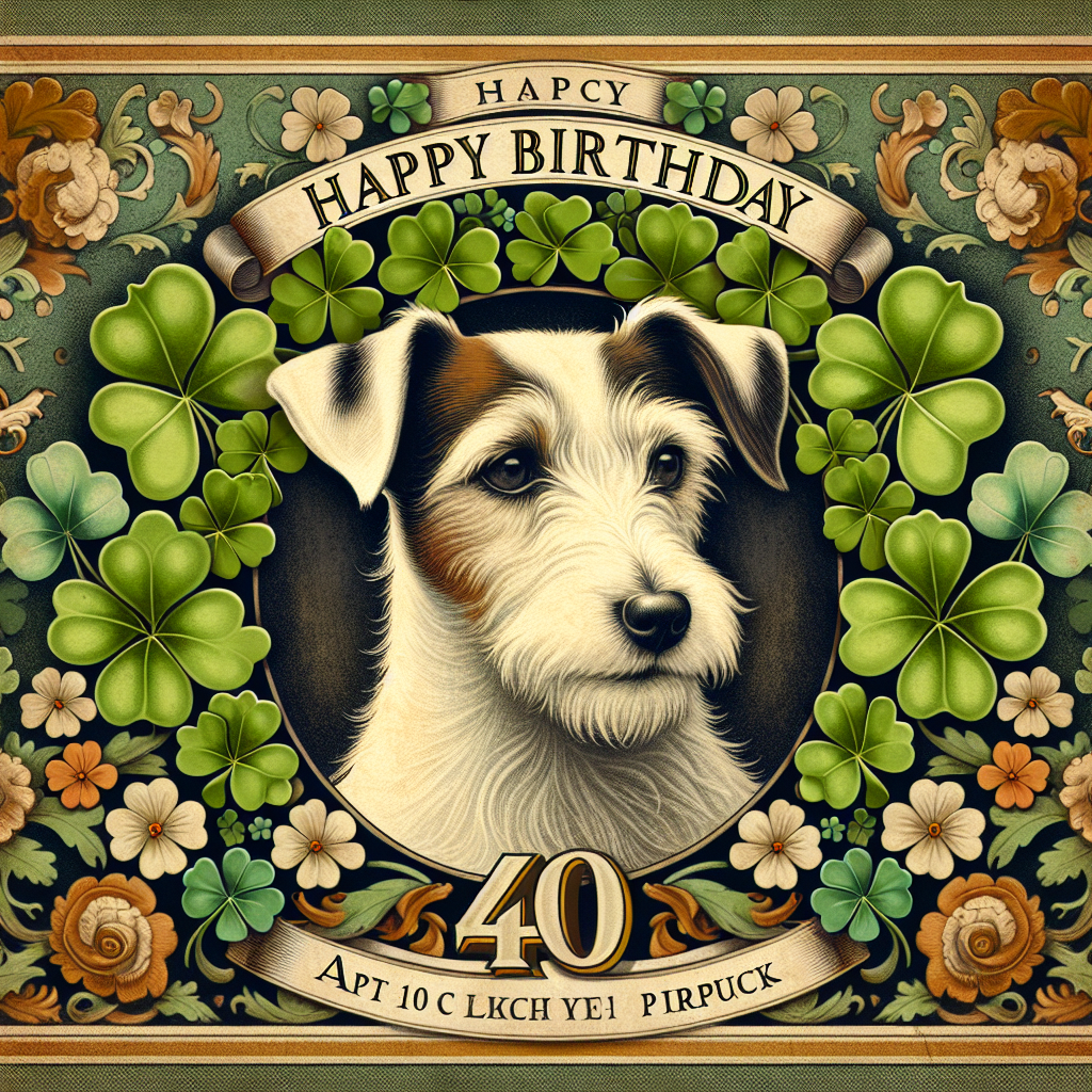 Create a vintage-style birthday invitation design. The centerpiece is an image of a calm and faithful Jack Russell terrier, symbolizing the cherished pet of the 40-year-old birthday person. This is set amidst a flourishing spread of vivid shamrocks to symbolize good luck and prosperity. The overall color palette is subdued, imbuing a meditative and respectful ambiance, reflecting the significance of the occasion. Use distinctive traits of the arts and crafts movement while creating this composition.
Generated with these themes: 40, Jack russell, and Shamrock .
Made with ❤️ by AI.