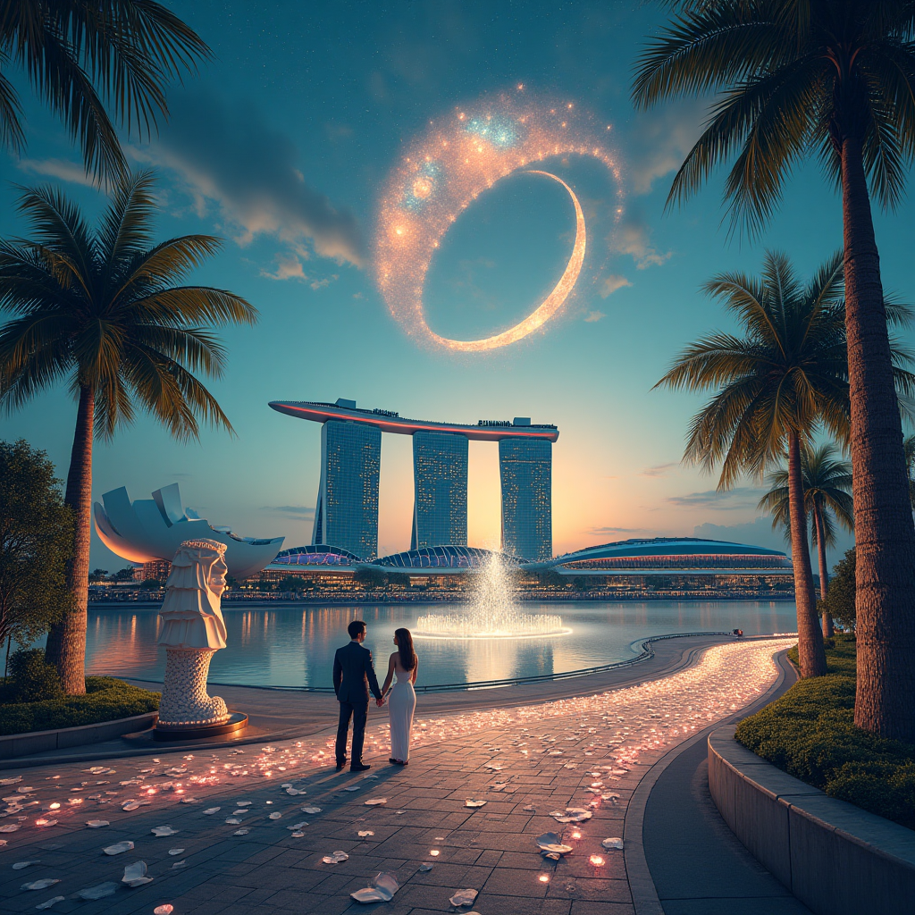 At the top of the Surreal Style image, inscribe: **Laura and Ben Wedding Day 05/09/25**

---

In the heart of a dreamlike Singapore skyline, merge the elegance of a romantic wedding scene with the dynamic spirit of F1 racing. Picture a surreal landscape where graceful palm trees seamlessly blend into the intricate curves of a race track. Amidst this fusion, a giant, glimmering wedding ring hovers above Marina Bay Sands, casting an ethereal glow.

Beneath the shimmering night sky, twinkling stars transform into tiny, glowing race cars zooming around the scene, leaving trails of sparkling stardust. The merlion stands majestically in the bay, its water fountain streaming into a cascade of delicate flower petals, each petal etched with tiny surrealistic details of clock faces and gears.

Floating above the scene, a whimsical cloud formation in the shape of a heart whispers a delicate message: "Racing towards forever."
Generated with these themes: F1, Singapore, and .
Made with ❤️ by AI.