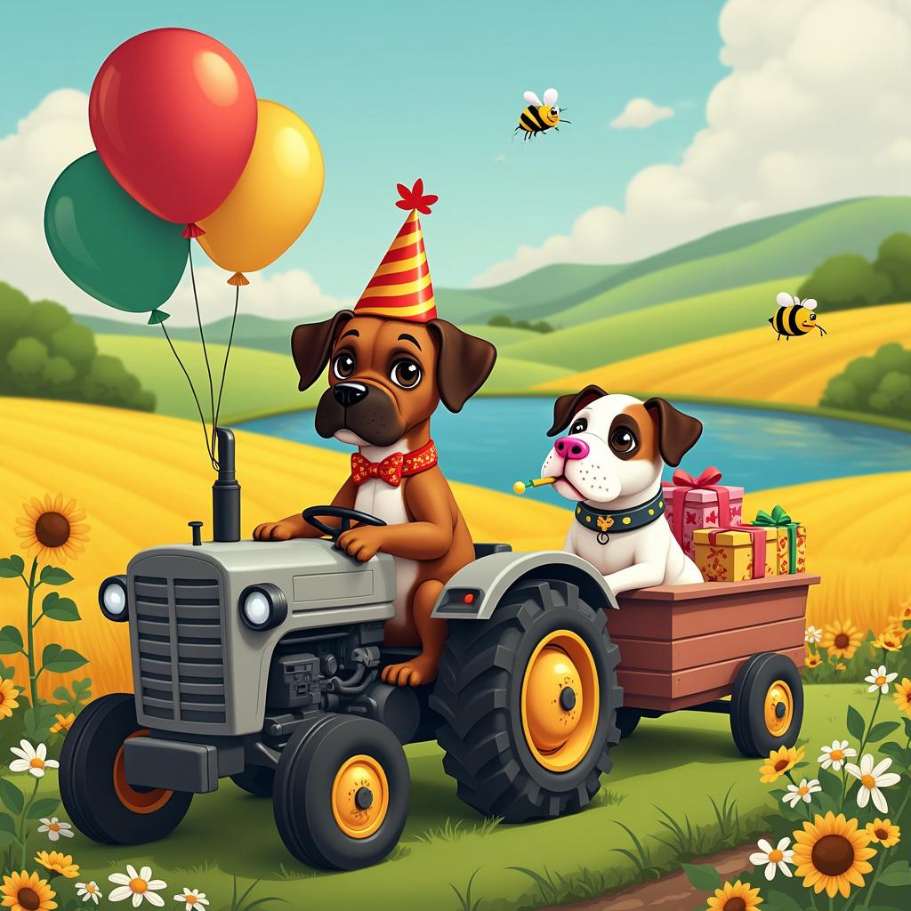 Brown Boxer driving a grey tractor , White Boxer, and English Bulldog brown body white head Birthday Card