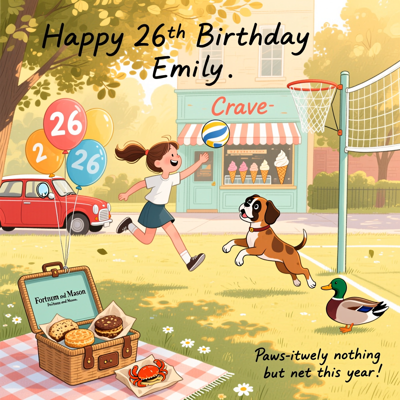 At the top of the Illustration Style image, Happy 26th Birthday Emily

Hand-drawn illustration with fine linework, textured brush strokes, and a warm, expressive color palette under golden-hour light. In a leafy park, a girl with a ponytail is mid-jump playing netball, gently smiling as she arcs a pass; opposite her, a playful boxer dog springs up with floppy ears and bright eyes, paws reaching toward the ball. To the right stands a slender netball post and net, catching warm sunlight. Near the sideline, a curious mallard duck watches with its head slightly tilted.

In the lower-left foreground, an open Fortnum and Mason picnic basket rests on a soft gingham blanket, showing rock cakes and crab pasties wrapped in parchment, with a small leather tag subtly reading “Fortnum and Mason.” Left midground, a small red car is parked with a cheerful cluster of balloons tied to the mirror; the balloons clearly display “26” in bold white numerals. In the background, a pastel storefront for an ice cream shop reads “Crave” in hand-painted letters, with a window display of cones and a striped awning. Dappled grass, tiny daisies, and soft, painterly shadows keep the composition balanced and sincere. Paper-grain texture, watercolor washes, and delicate pencil linework throughout.

Add a small handwritten caption at the bottom right: Paws-itively nothing but net this year!
Generated with these themes: A girl with a pony tail playing netball with a boxer dog, a mallard duck watching, an ice cream shop called Crave, a small red car with balloons with the number 26 on them, a Fortnum and Mason picnic basket with rock cakes and crab pasties in it, and .
Made with ❤️ by AI.
