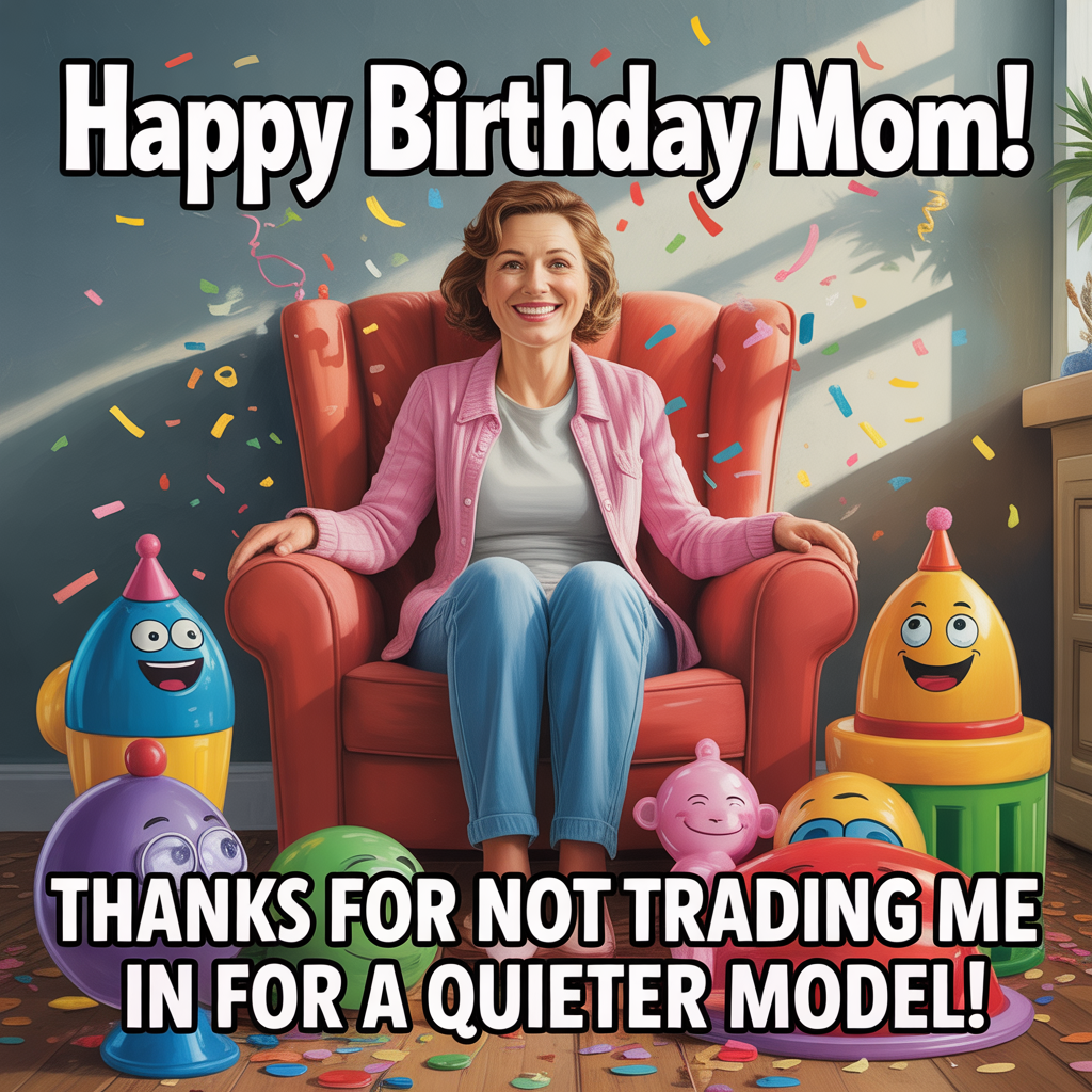 At the top of the image, "Happy Birthday Mom!":

At the bottom of the image, "Thanks for not trading me in for a quieter model!" 

- In the center, depict a lifelike scene of a cheerful mom sitting in an armchair, surrounded by an array of quirky, funny-themed children's toys and scattered confetti. The realistic lighting captures her warm smile, with a sense of playful chaos all around her, symbolizing the lively life with kids.
Generated with these themes: God, grandkids, husband, children, Bear, JD Vance, and .
Made with ❤️ by AI.